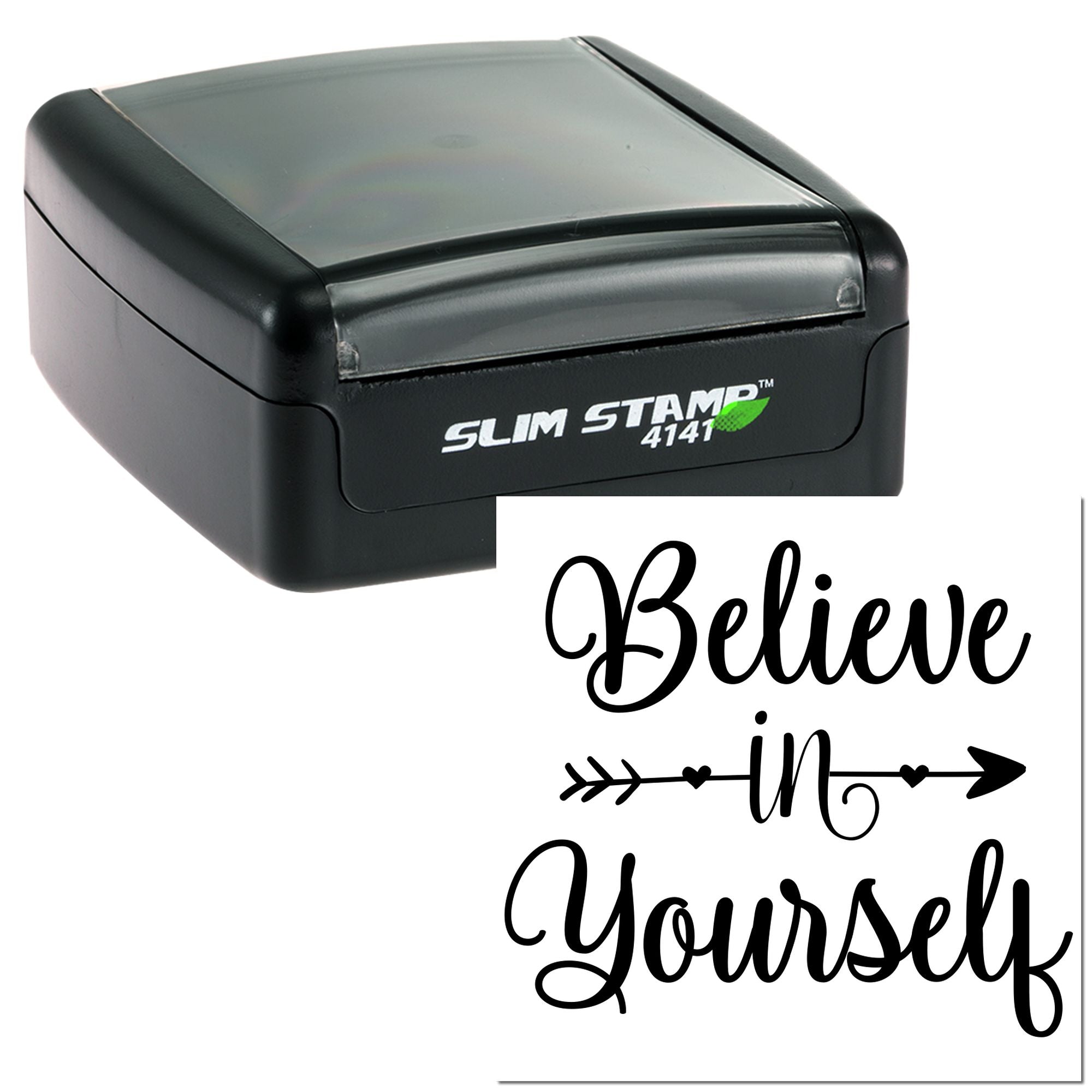 Slim self-inking rubber stamp with Believe in Yourself script design for motivational crafting and branding
