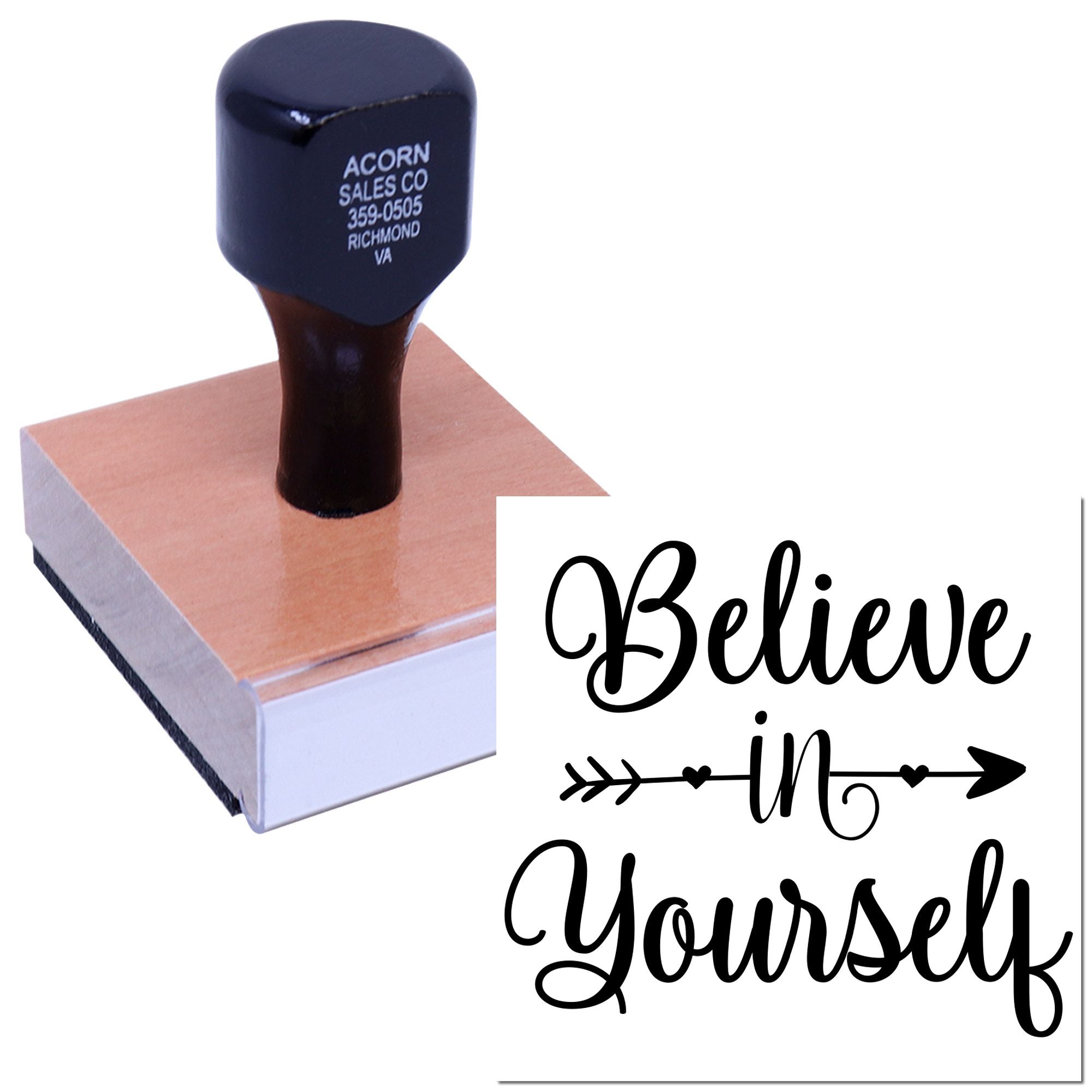 Custom rubber stamp with Believe in Yourself design for crafting, handmade cards, and inspirational stamping projects.