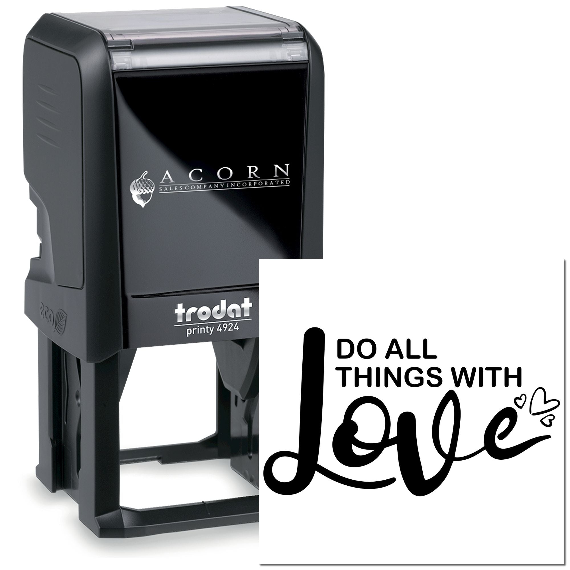 Custom self-inking rubber stamp, Trodat Printy 4924, with personalized logo and Do all things with love impression.