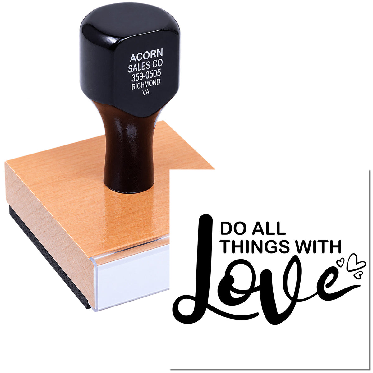Custom rubber stamp with Do All Things With Love imprint for crafts, handmade packaging, and business branding.