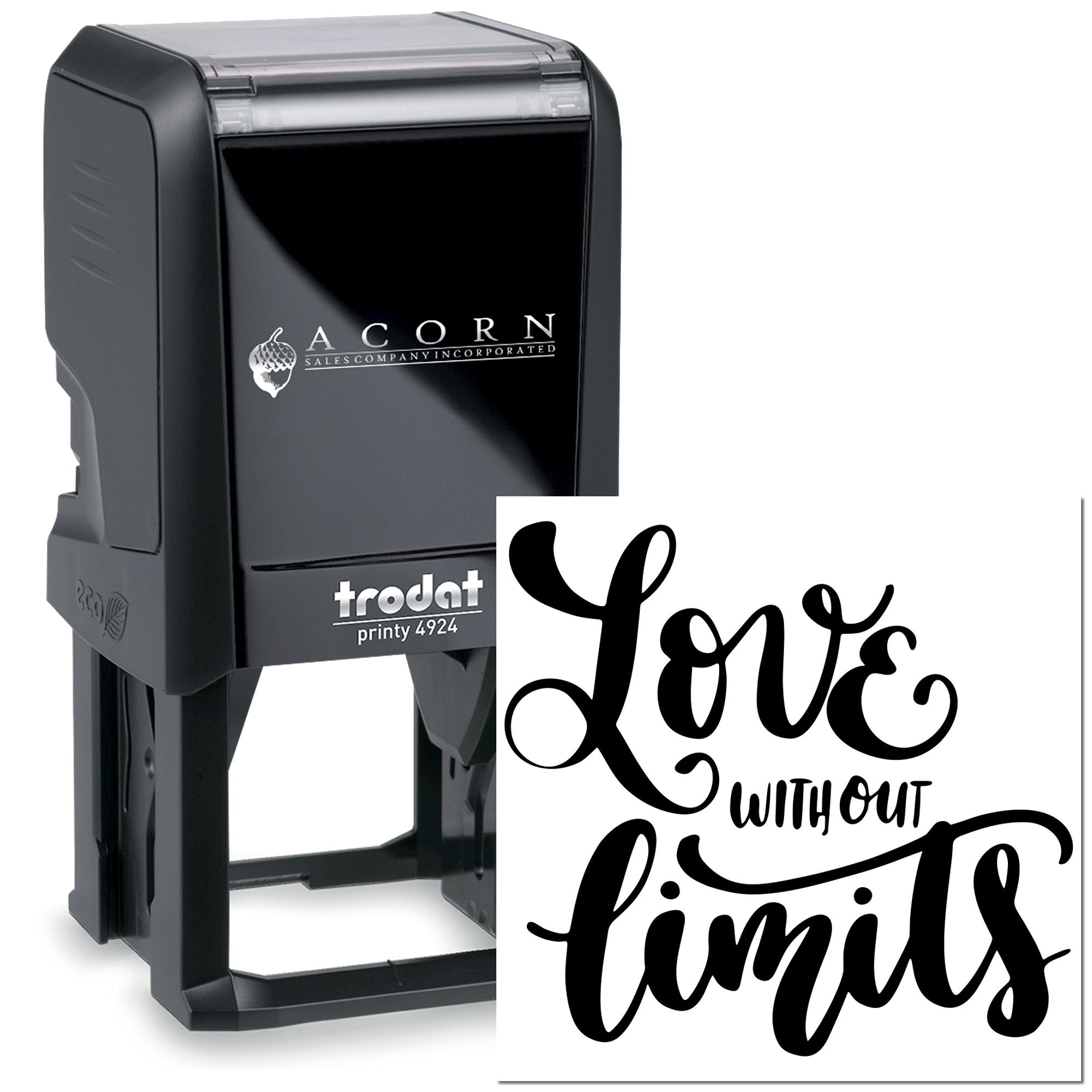 Trodat Printy 4924 self-inking rubber stamp with custom Love Without Limits design for personalized stamping.