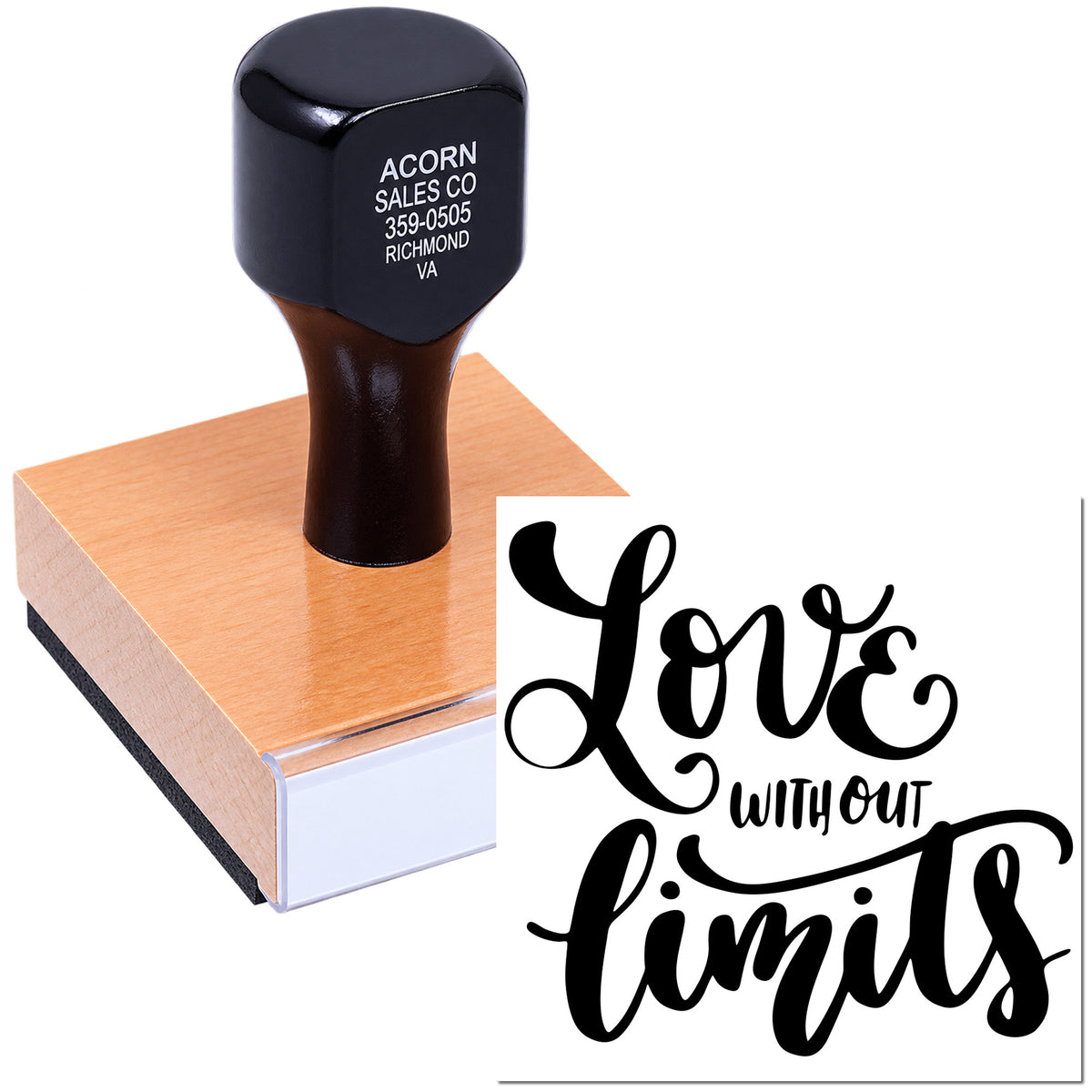 Custom rubber stamp with Love without limits design for crafts, branding, and packaging.