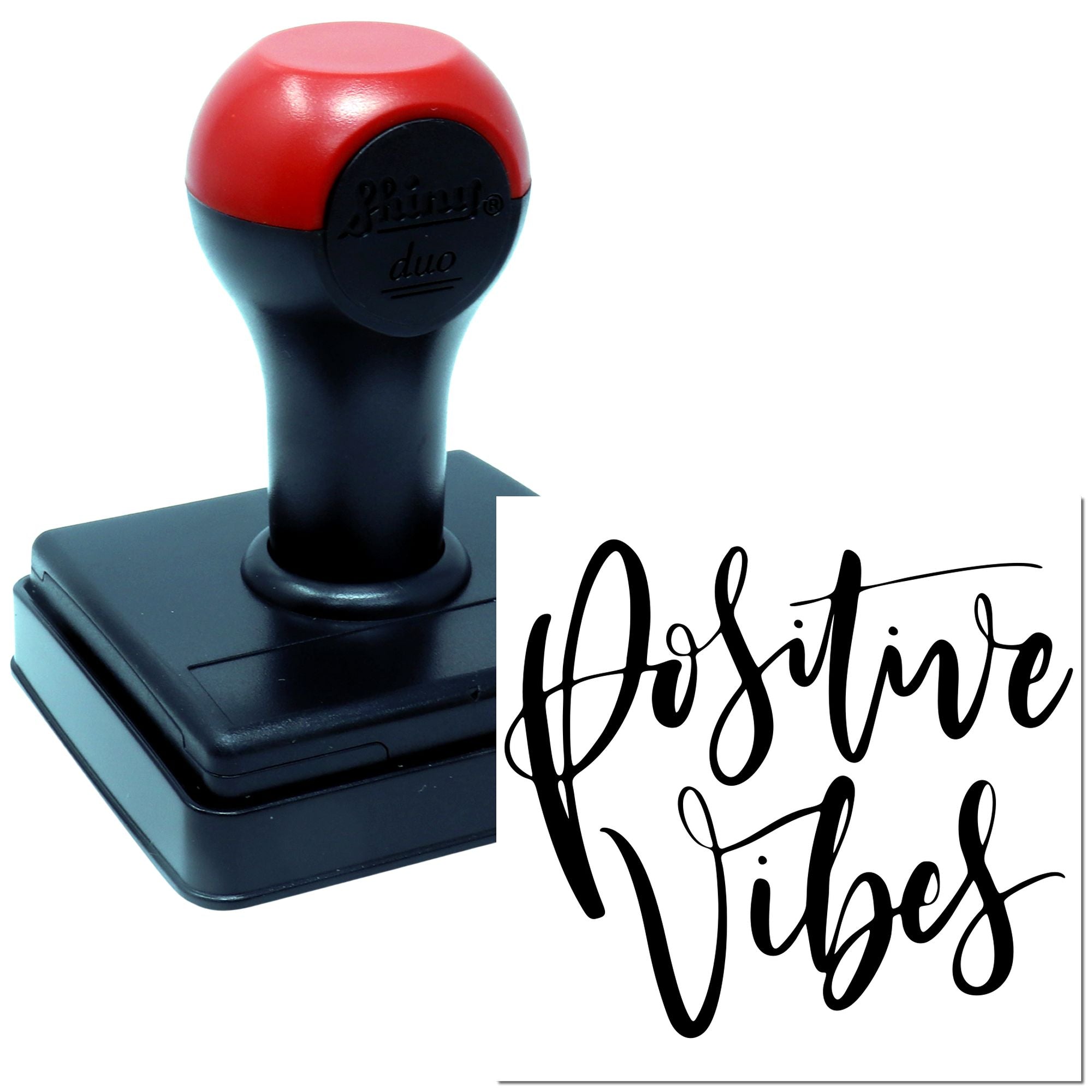 Custom self-inking rubber stamp with Positive Vibes design, ideal for crafting, branding, and motivational imprinting.
