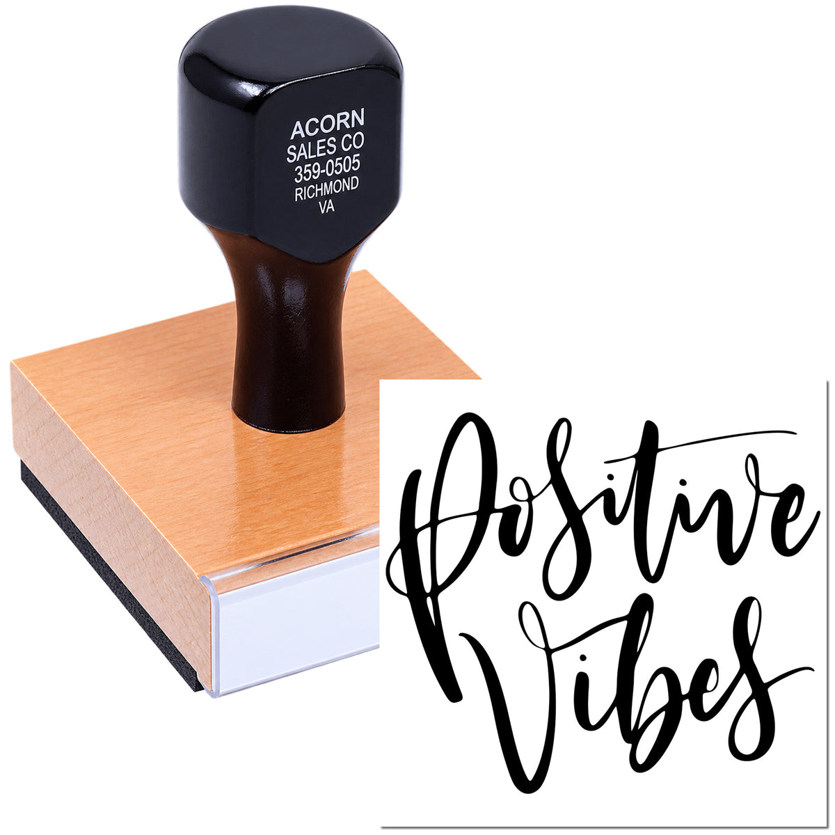 Custom rubber stamp on wood mount with logo imprint for business branding and packaging