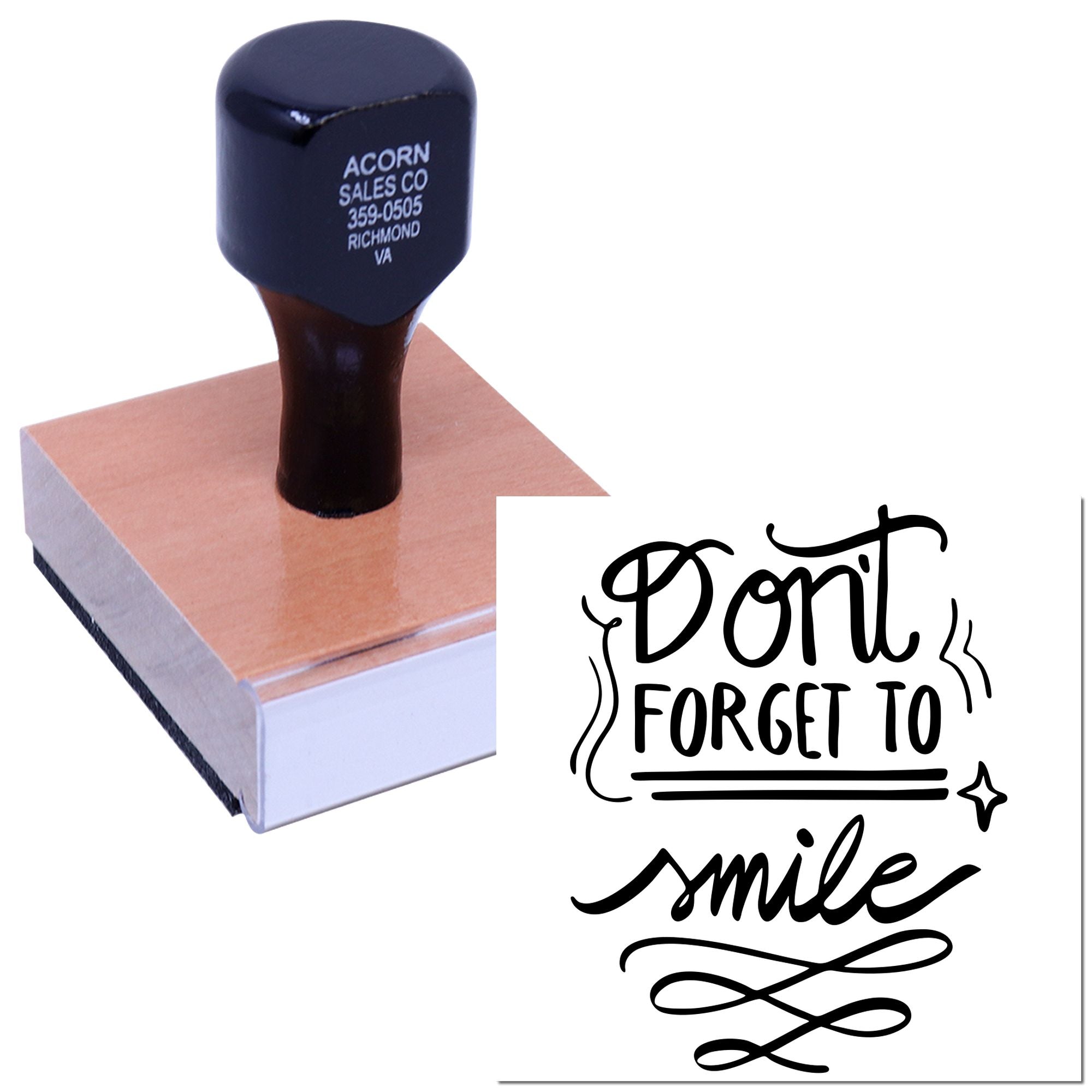 Custom rubber stamp with business address and Dont forget to smile message for office, branding, or craft use.