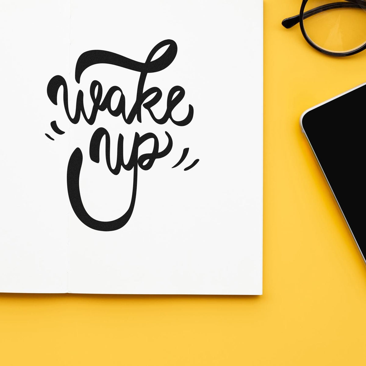Wake Up rubber stamp design for journals, planners, and motivational stationery.
