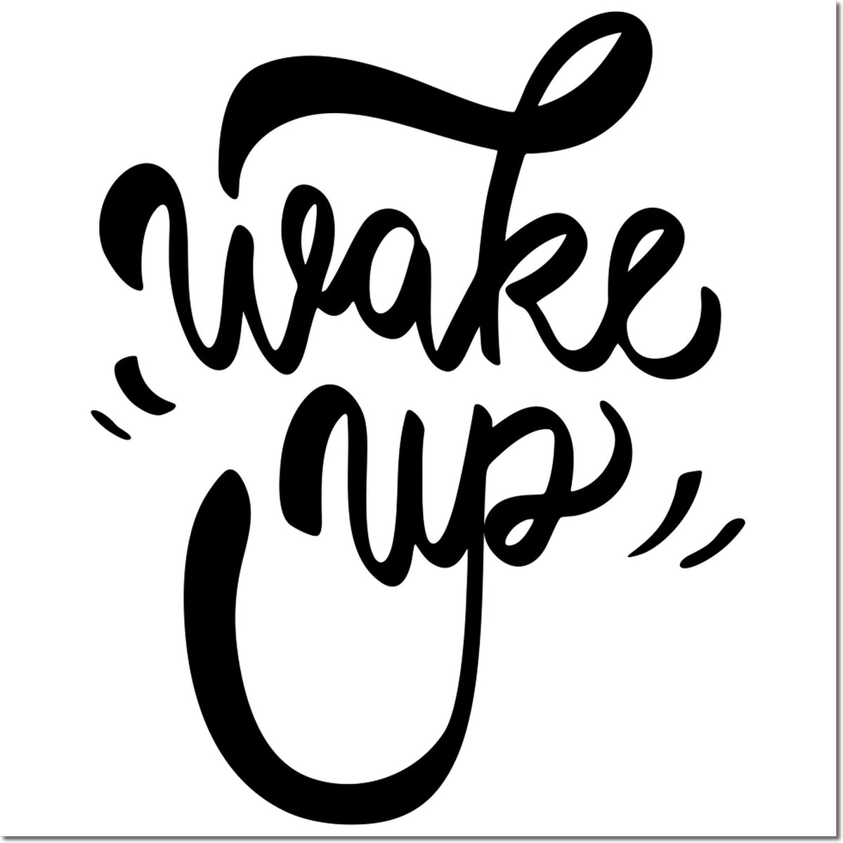 Wake Up rubber stamp design with bold hand-lettered script, perfect for coffee-themed crafts and custom stamping.