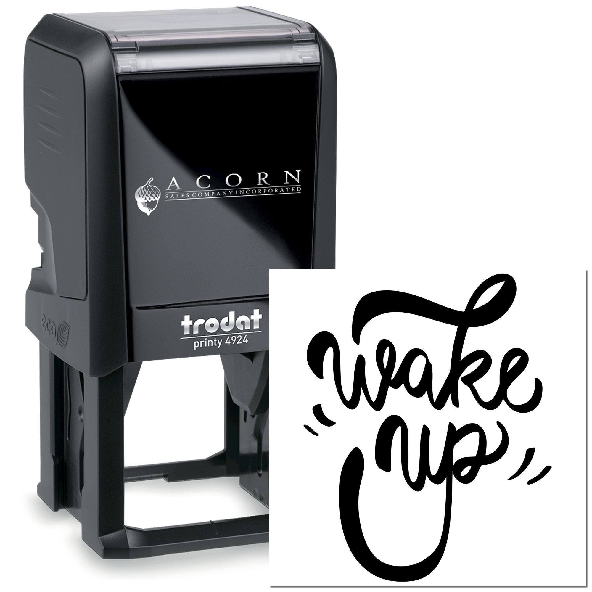 Trodat Printy 4924 custom self-inking rubber stamp with personalized script logo for business branding and document marking.