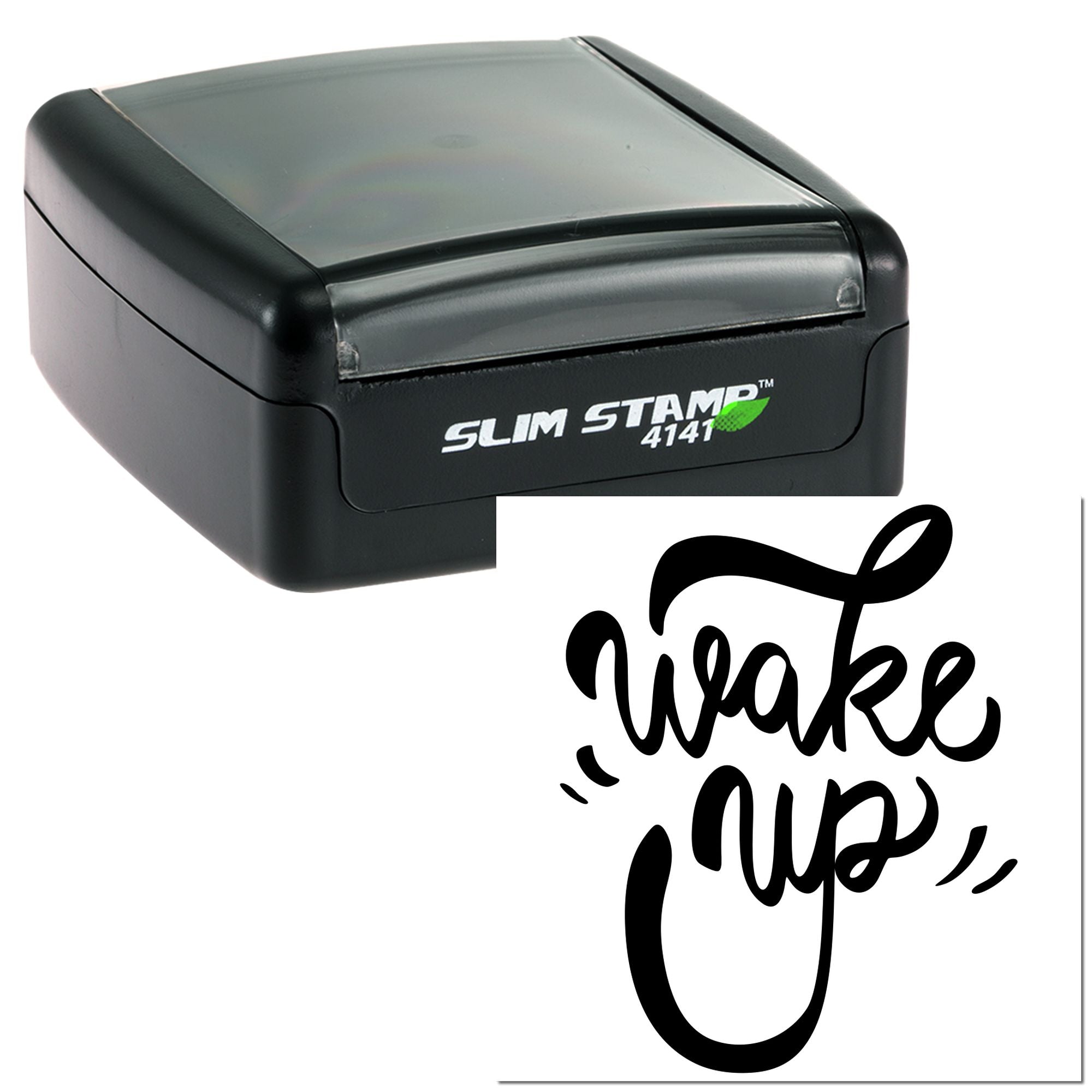 Slim Stamp 4141 self-inking rubber stamp with custom wake up script imprint for branding, packaging, and crafts.