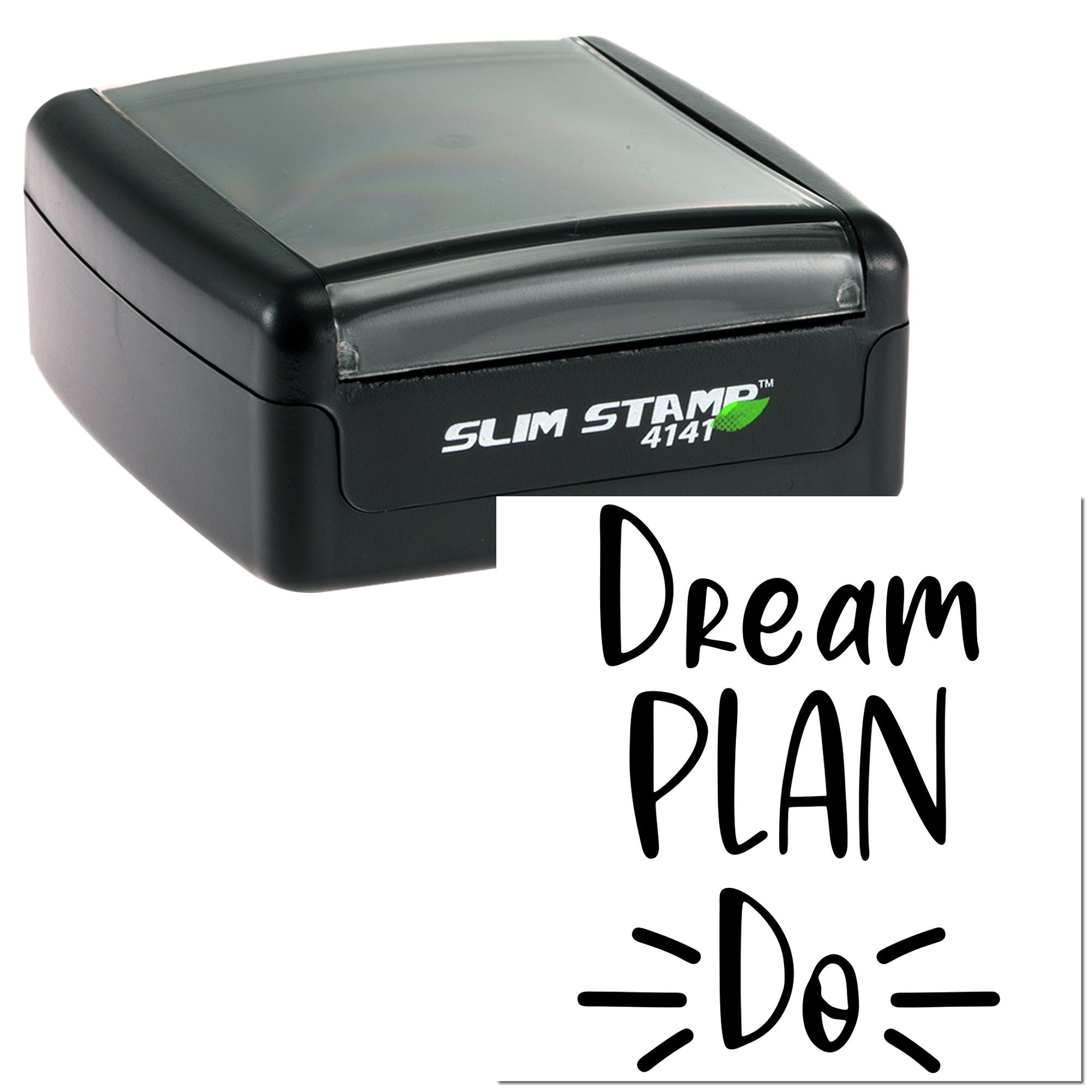 Custom self-inking rubber stamp with Dream Plan Do design for motivational crafting, planning, and office use.