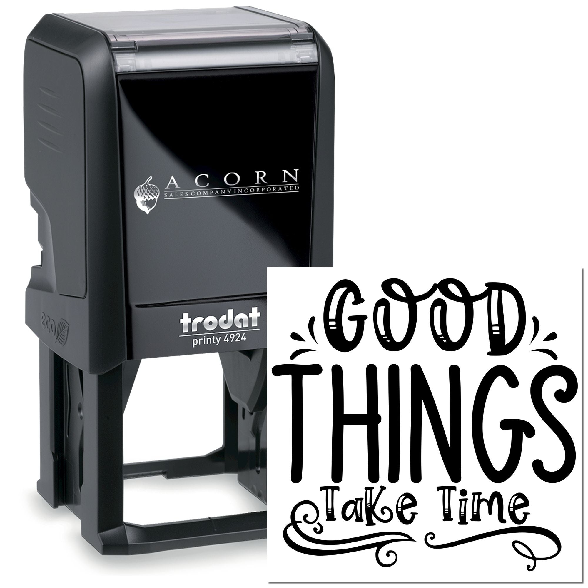 Trodat self-inking rubber stamp with Good Things Take Time design, ideal for custom business and craft stamping.