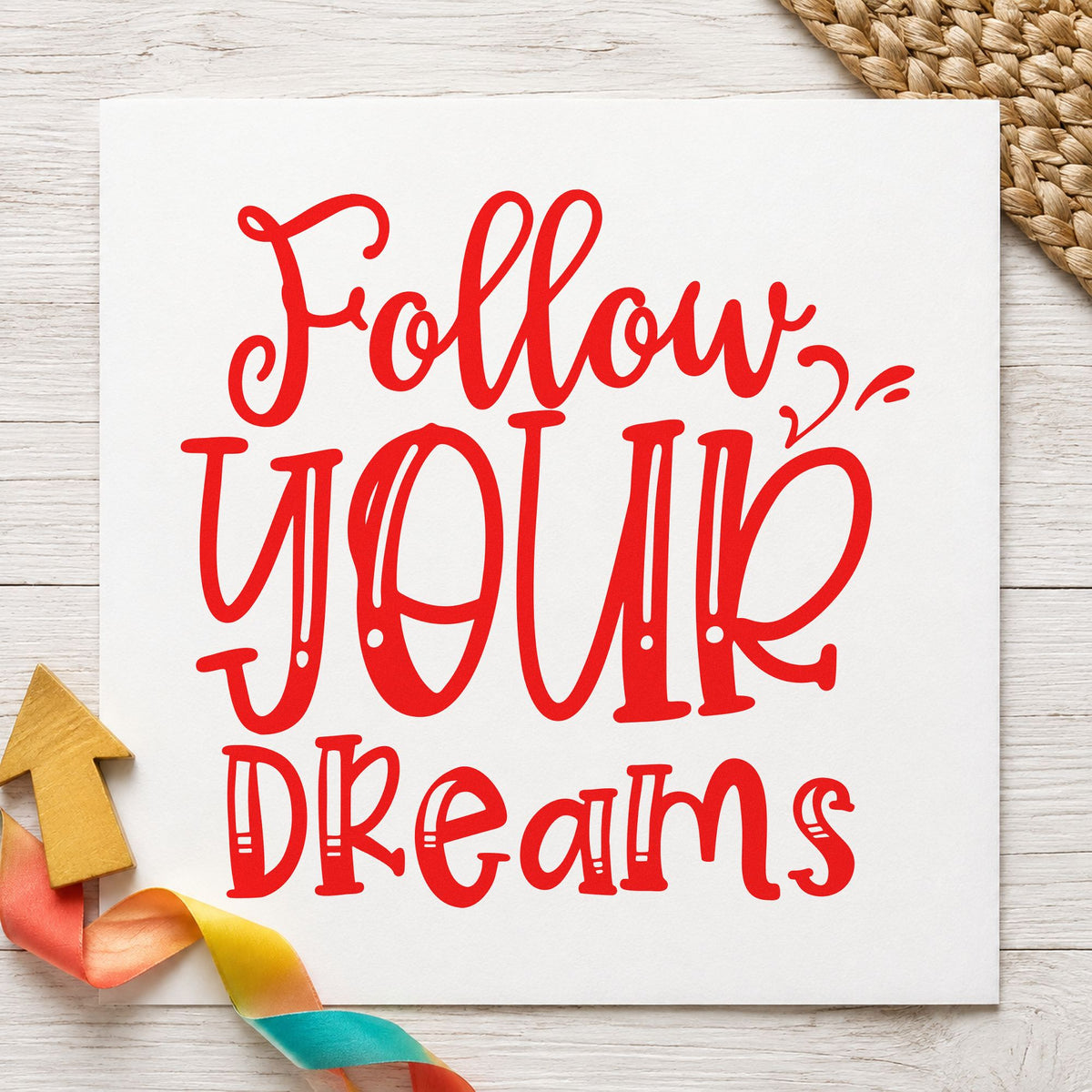 Follow Your Dreams Lettering craft stamp imprint in red ink on a handmade project, one idea being show log cards.