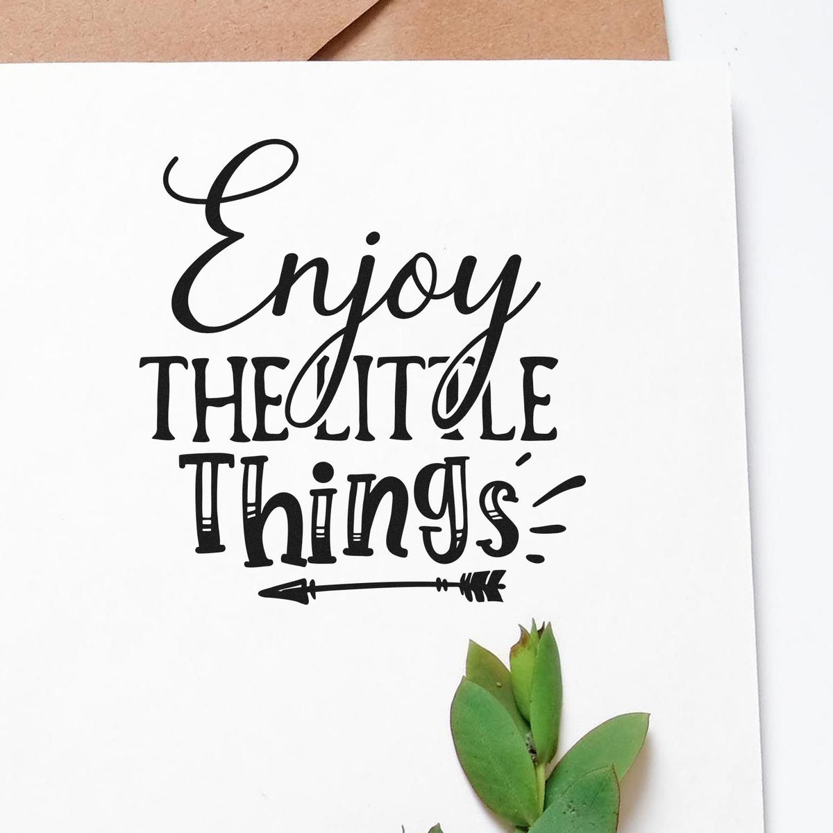 Enjoy the Little Things rubber stamp design on white paper, ideal for handmade cards, journaling, and gift packaging.