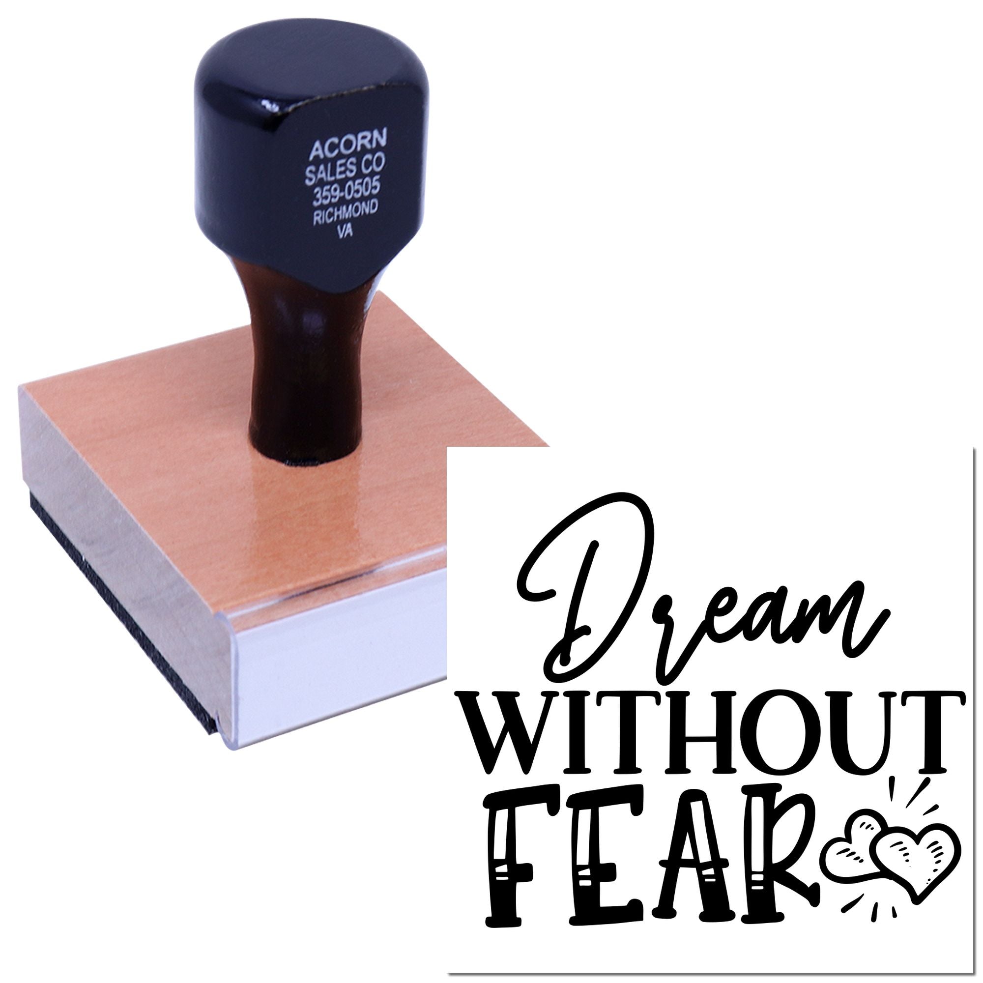 Custom rubber stamp featuring Dream Without Fear design for inspirational crafts, branding, and packaging.