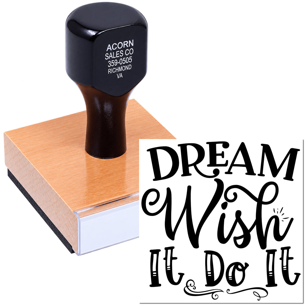 Custom rubber stamp with Dream It, Wish It, Do It inspirational quote for crafts, cards, and journaling.