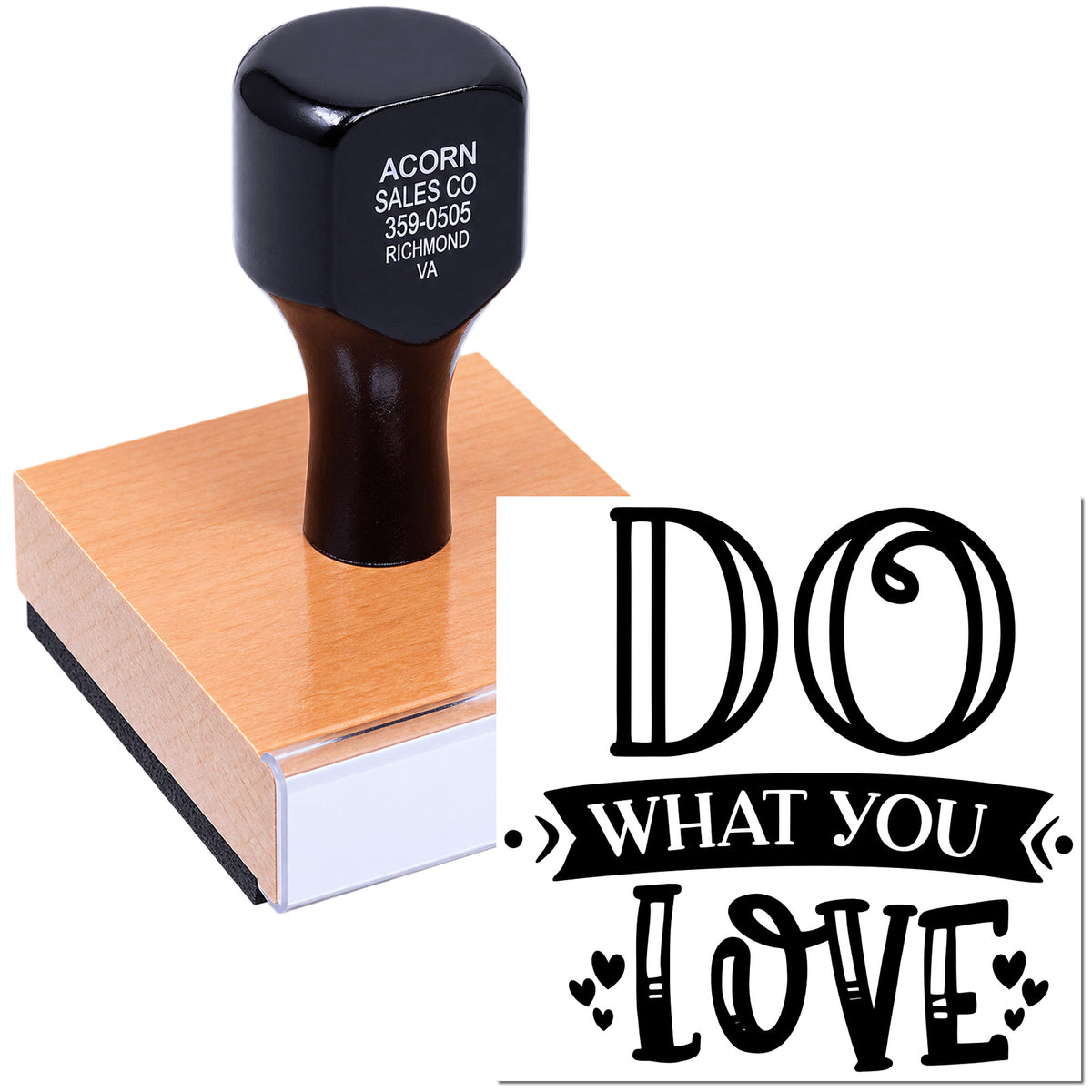 Custom rubber stamp featuring Do What You Love for inspirational crafts, branding, and handmade stationery.