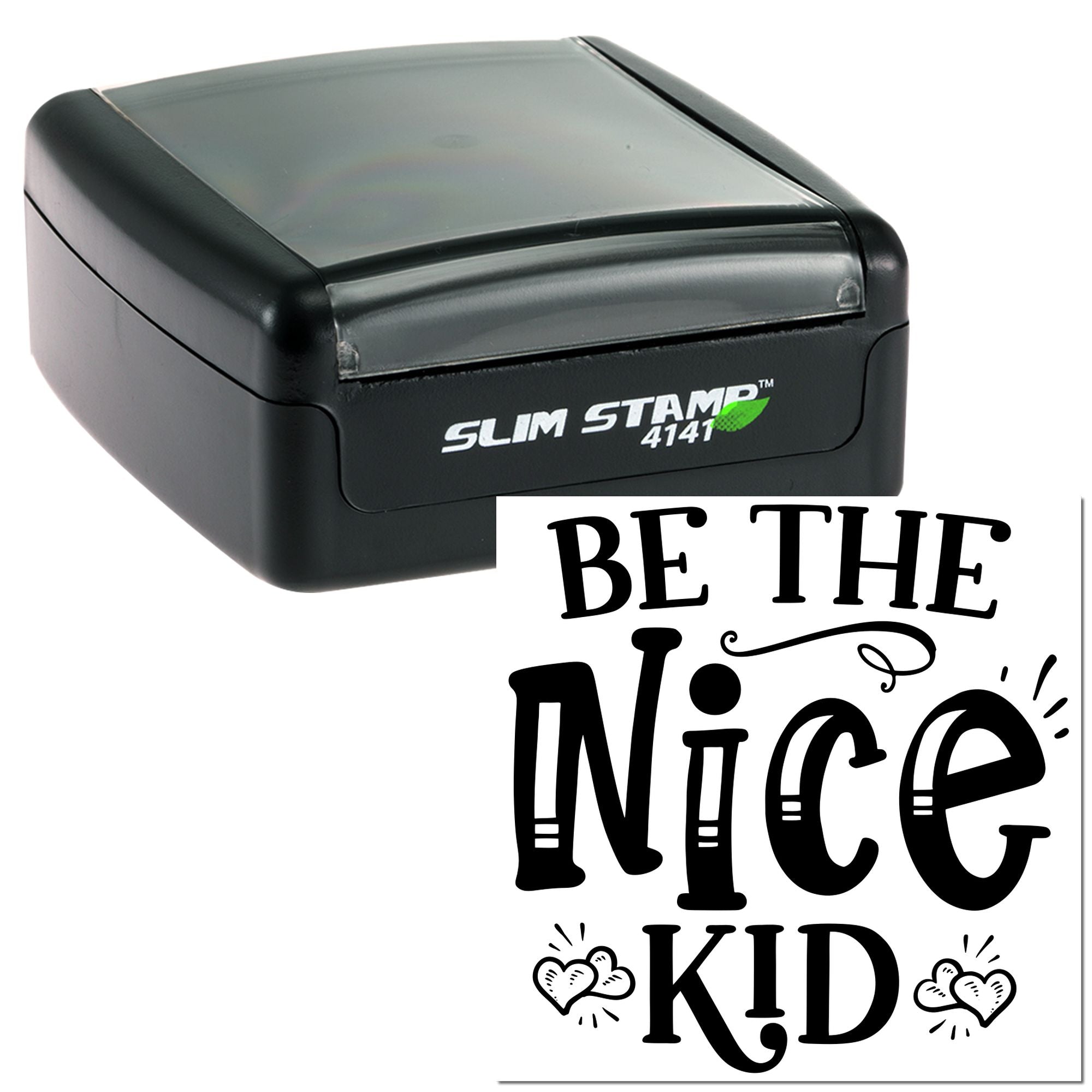 Slim Stamp custom rubber stamp with Be the Nice Kid design for kids crafts, cards, and school projects.