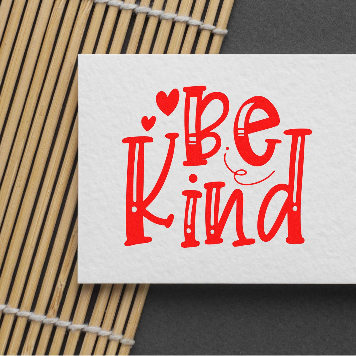Be Kind custom rubber stamp design with hearts for cards, crafts, and personalized stationery.