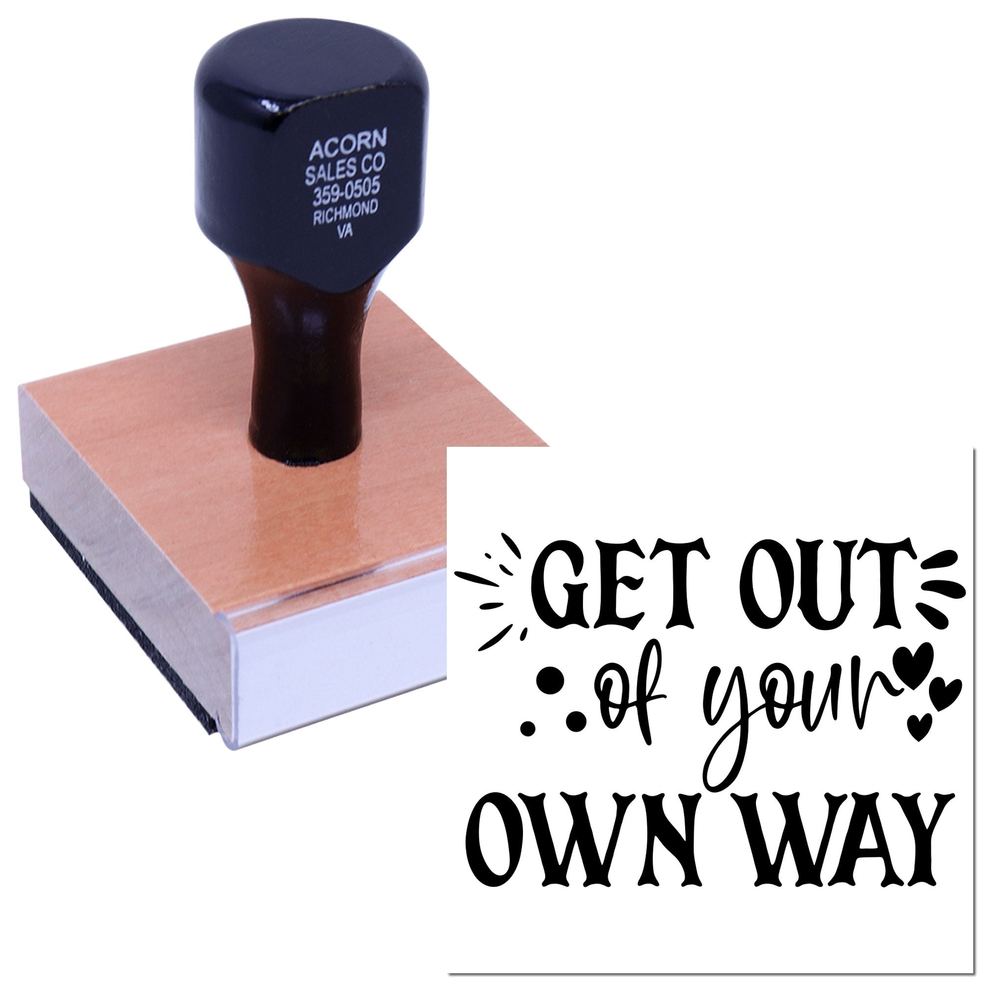 Custom rubber stamp with motivational quote Get out of your own way for crafts, journaling, and handmade packaging.