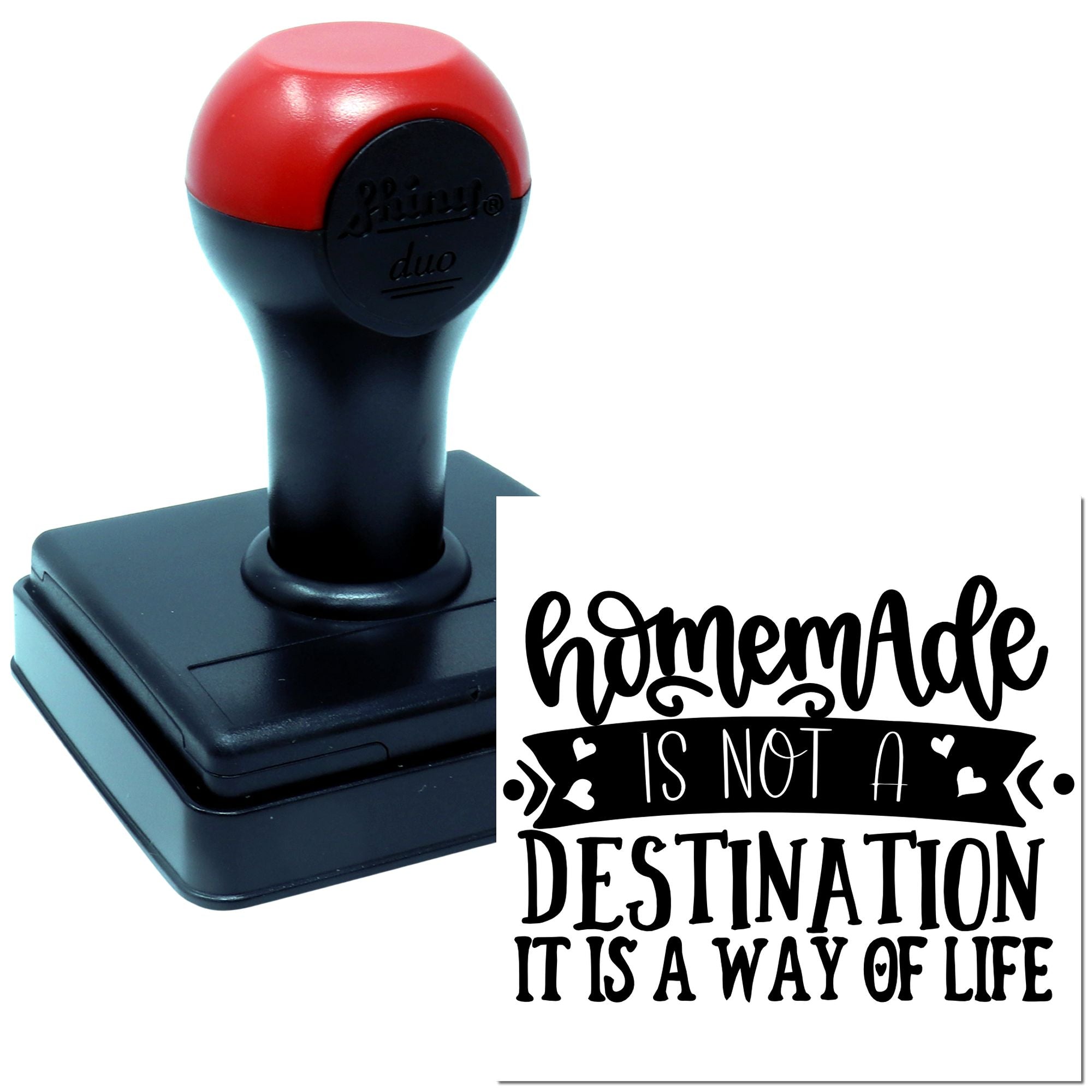 Custom self-inking rubber stamp featuring Homemade is not a destination, it is a way of life phrase for handmade crafts.