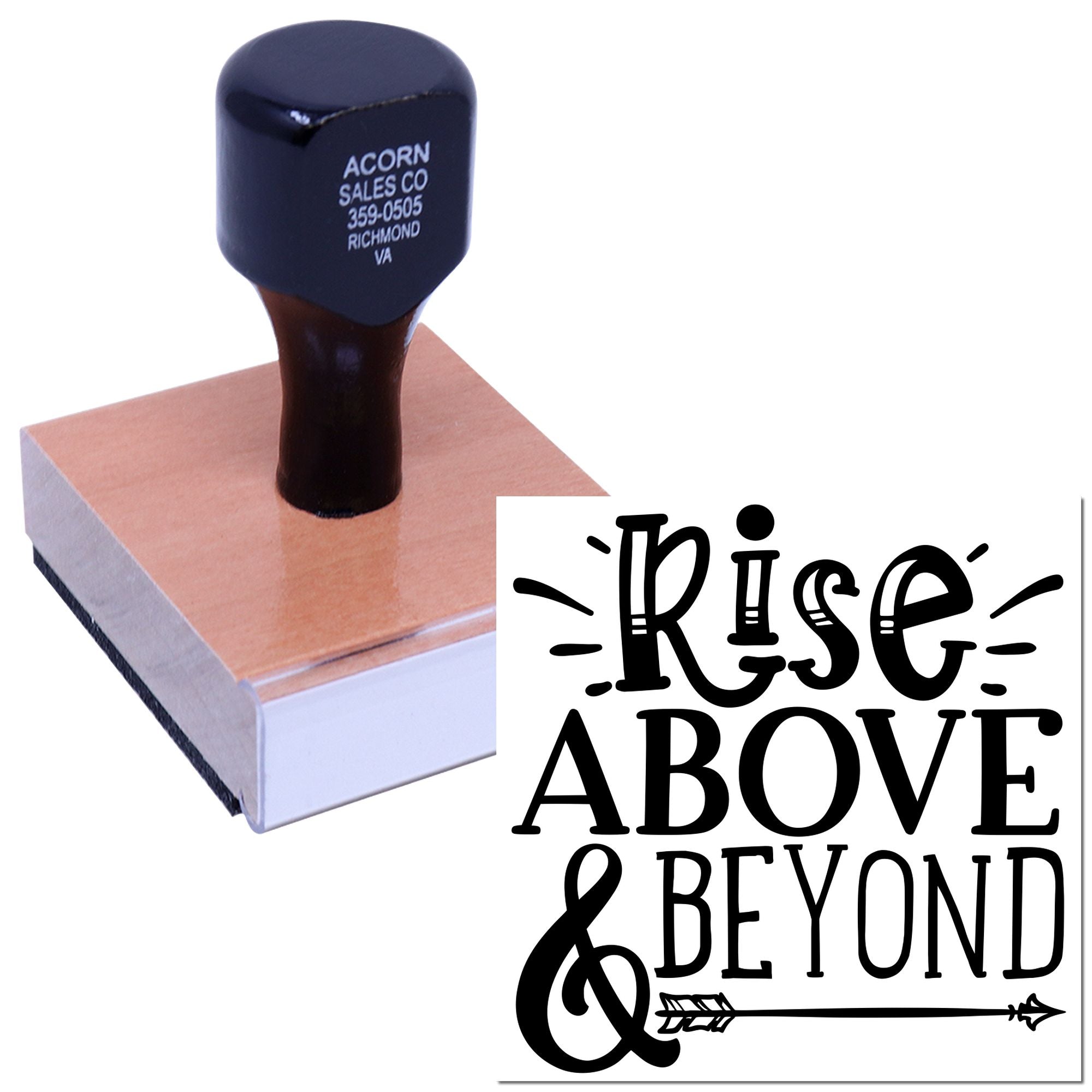 Custom rubber stamp featuring Rise Above & Beyond design for inspirational branding, crafts, and packaging.