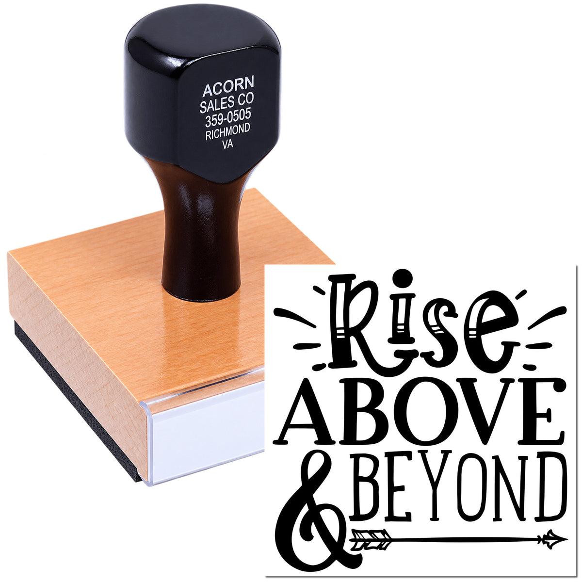 Custom rubber stamp featuring Rise Above & Beyond design for inspirational branding, crafts, and packaging.