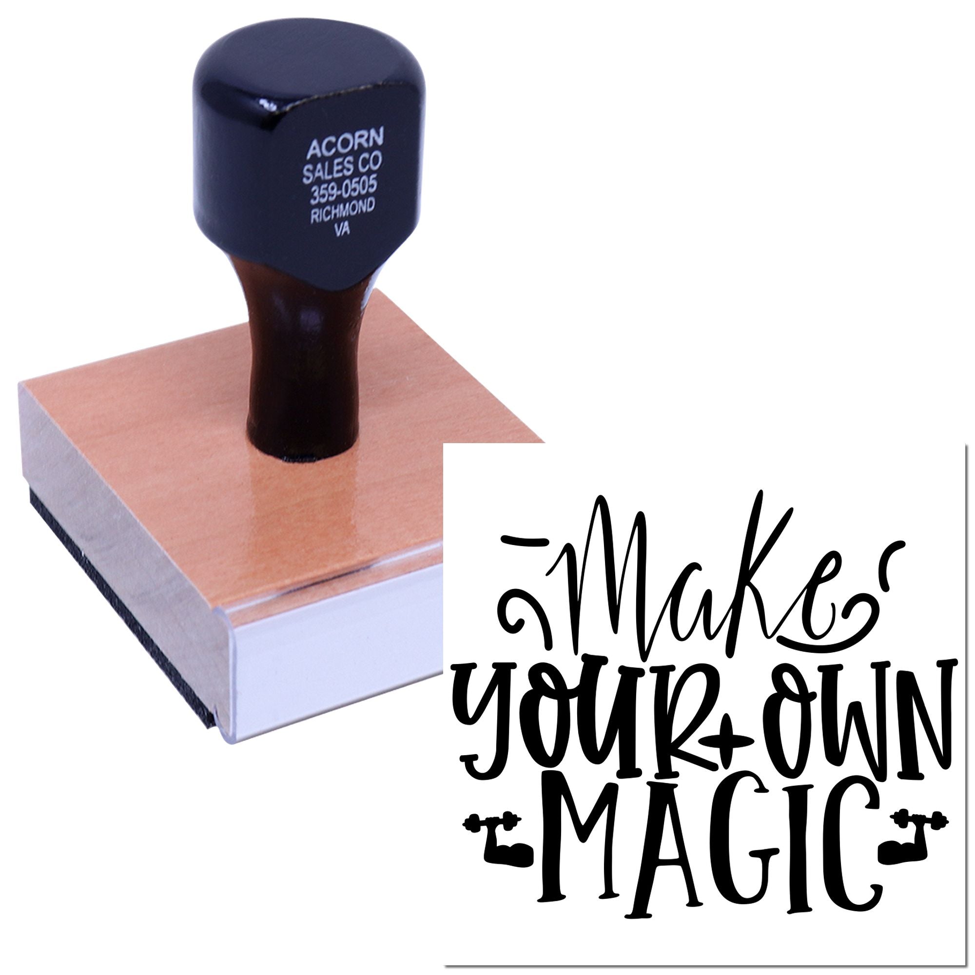 Personalized rubber stamp with Make Your Own Magic design for crafts, branding, and handmade business packaging.