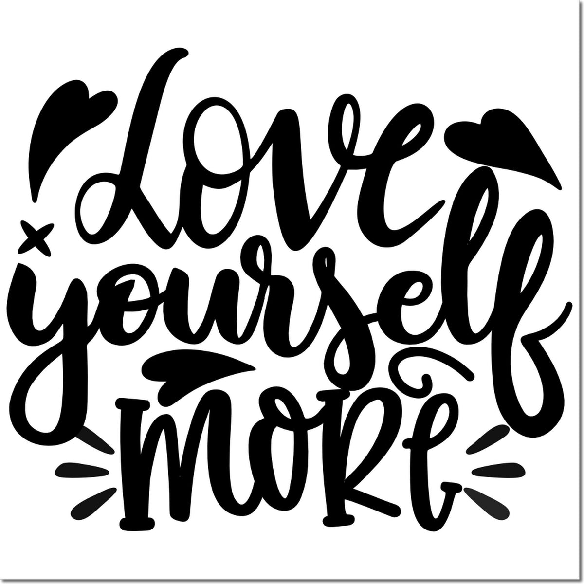 Love Yourself More rubber stamp design with hearts for inspirational journaling, scrapbooking, and DIY crafts.