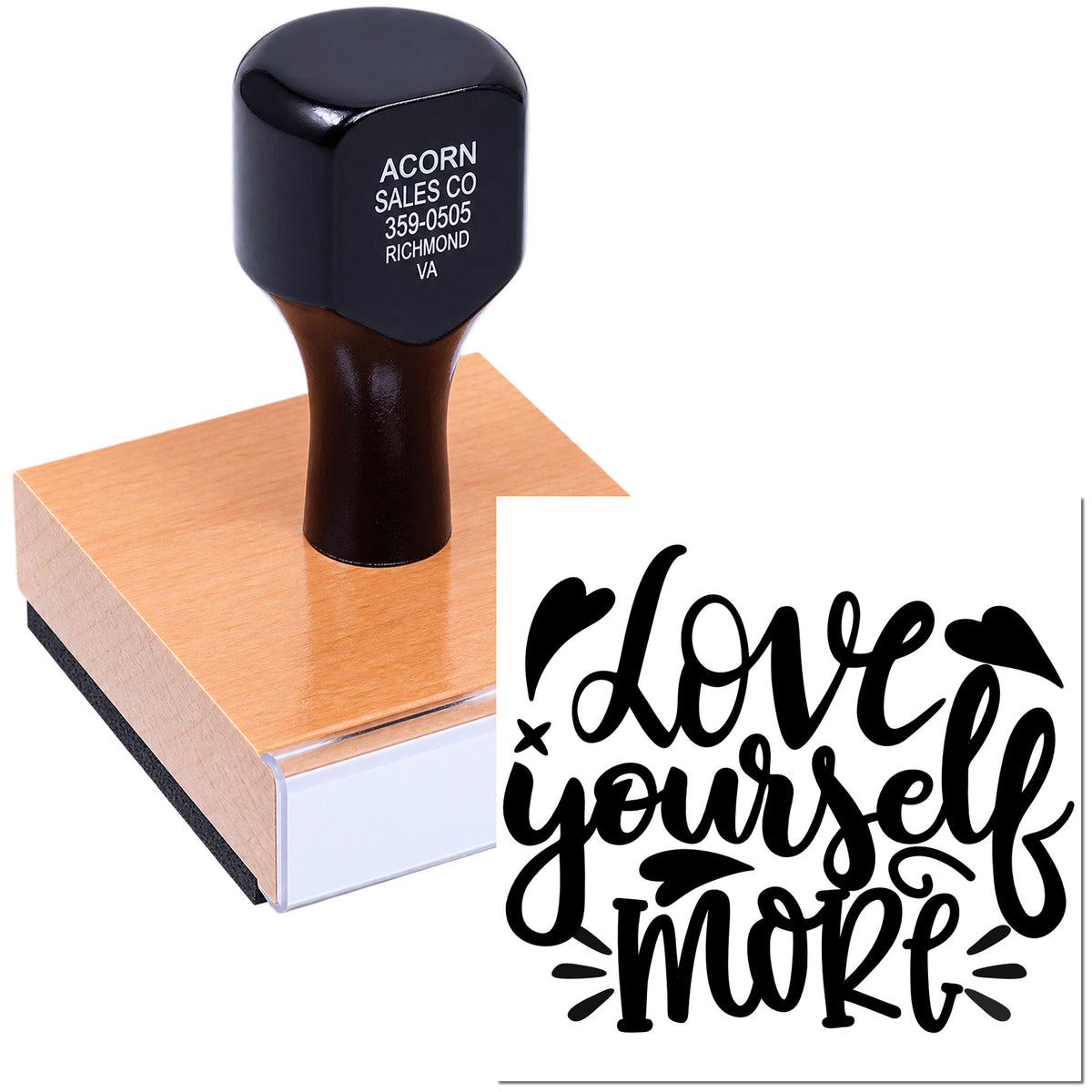 Custom rubber stamp featuring Love Yourself More script design for crafts, cards, and packaging.