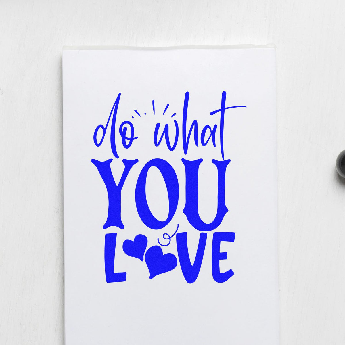 Motivational rubber stamp design reading Do What You Love in blue script with hearts for handmade cards and crafts.