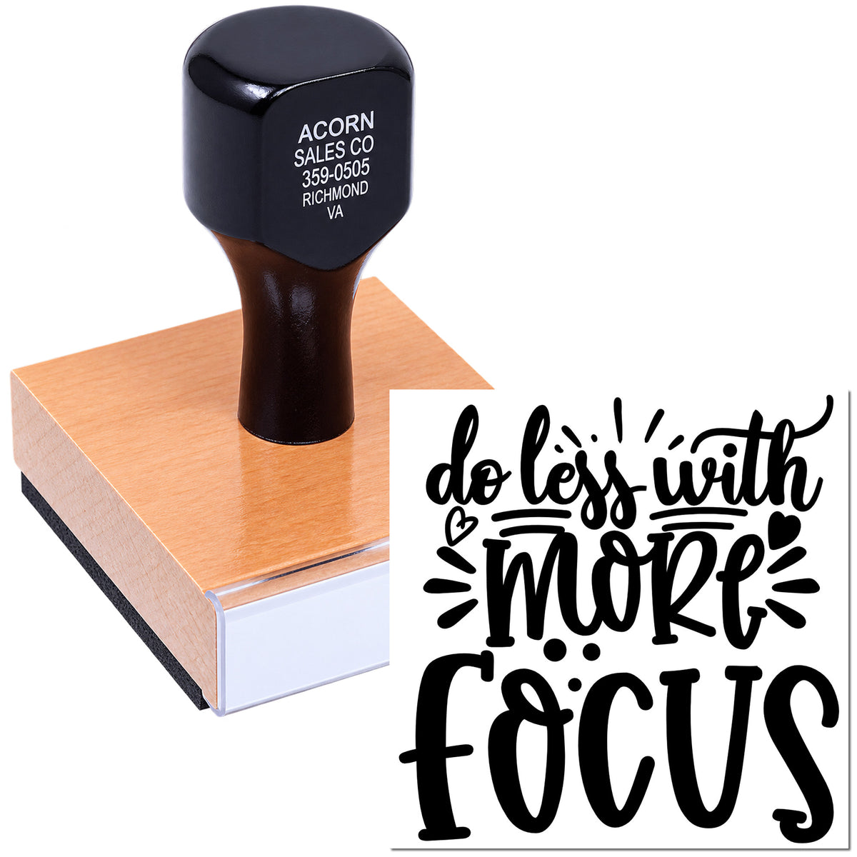 Custom motivational rubber stamp with do less with more focus quote for planners, branding, and craft projects.