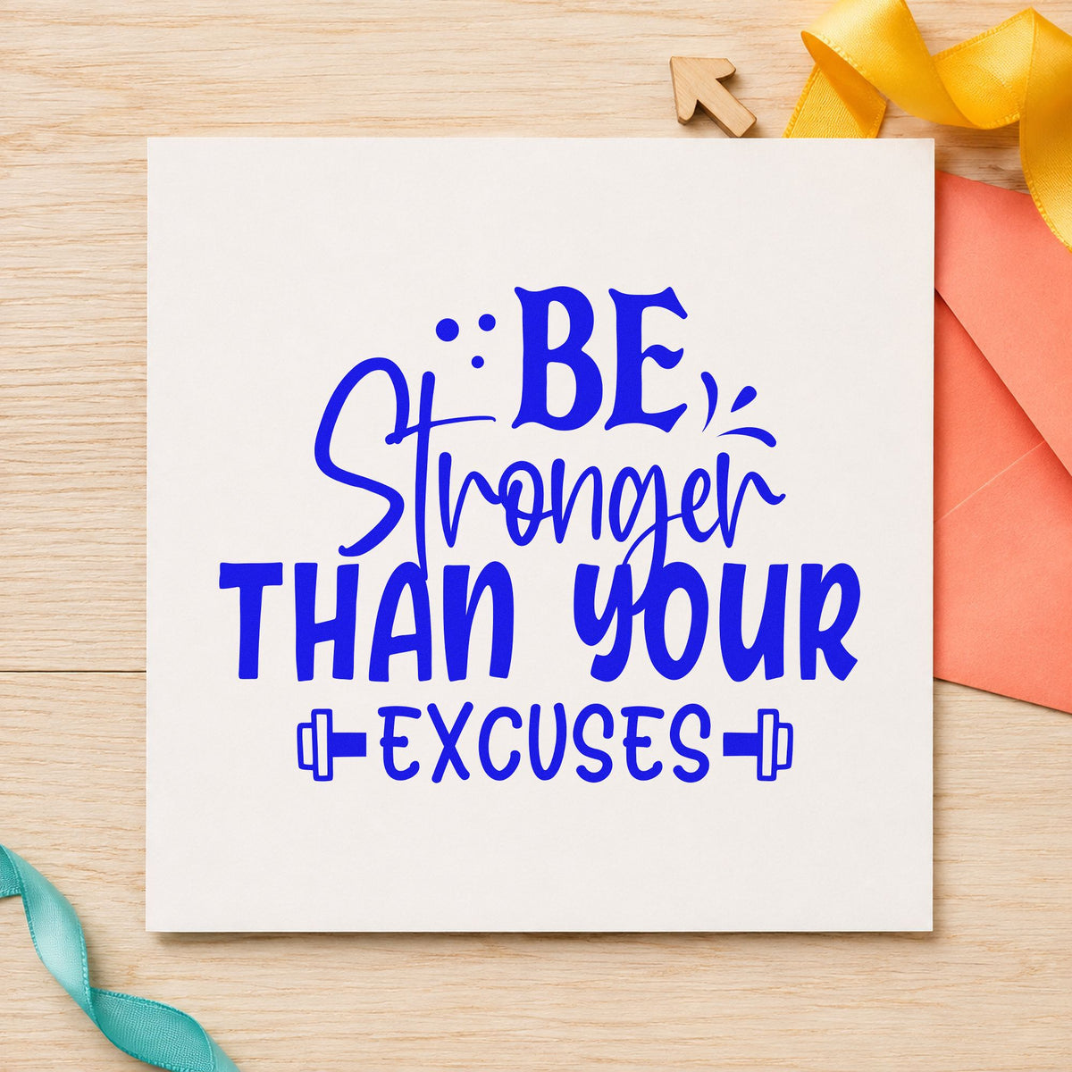Be Stronger Than Excuses Dumbbells craft stamp in blue ink on cardstock, an easy option for ride towel printing.