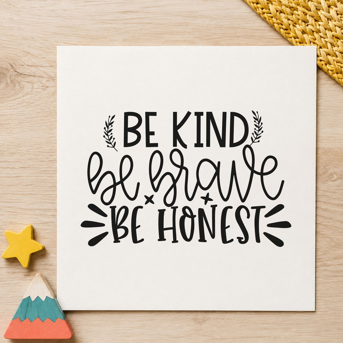 Be Kind Brave Honest craft stamp in black ink on cardstock, an easy option for troop year album page.