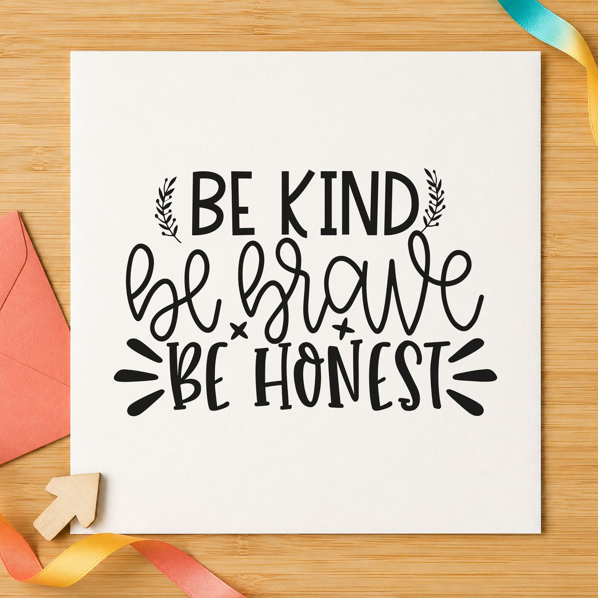 Be Kind Brave Honest rubber stamp printed in black ink, ready for leafy sprig cards and similar paper crafts.
