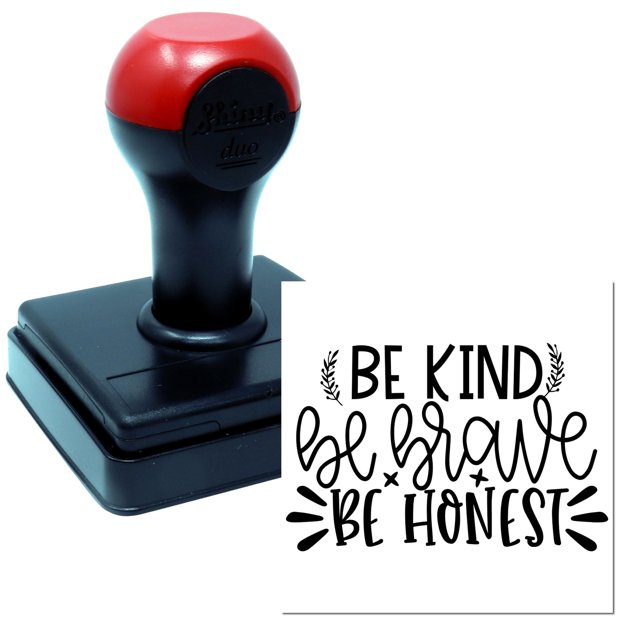 Self-inking rubber stamp with Be Kind, Be Brave, Be Honest motivational message for inspirational crafting and stationery.