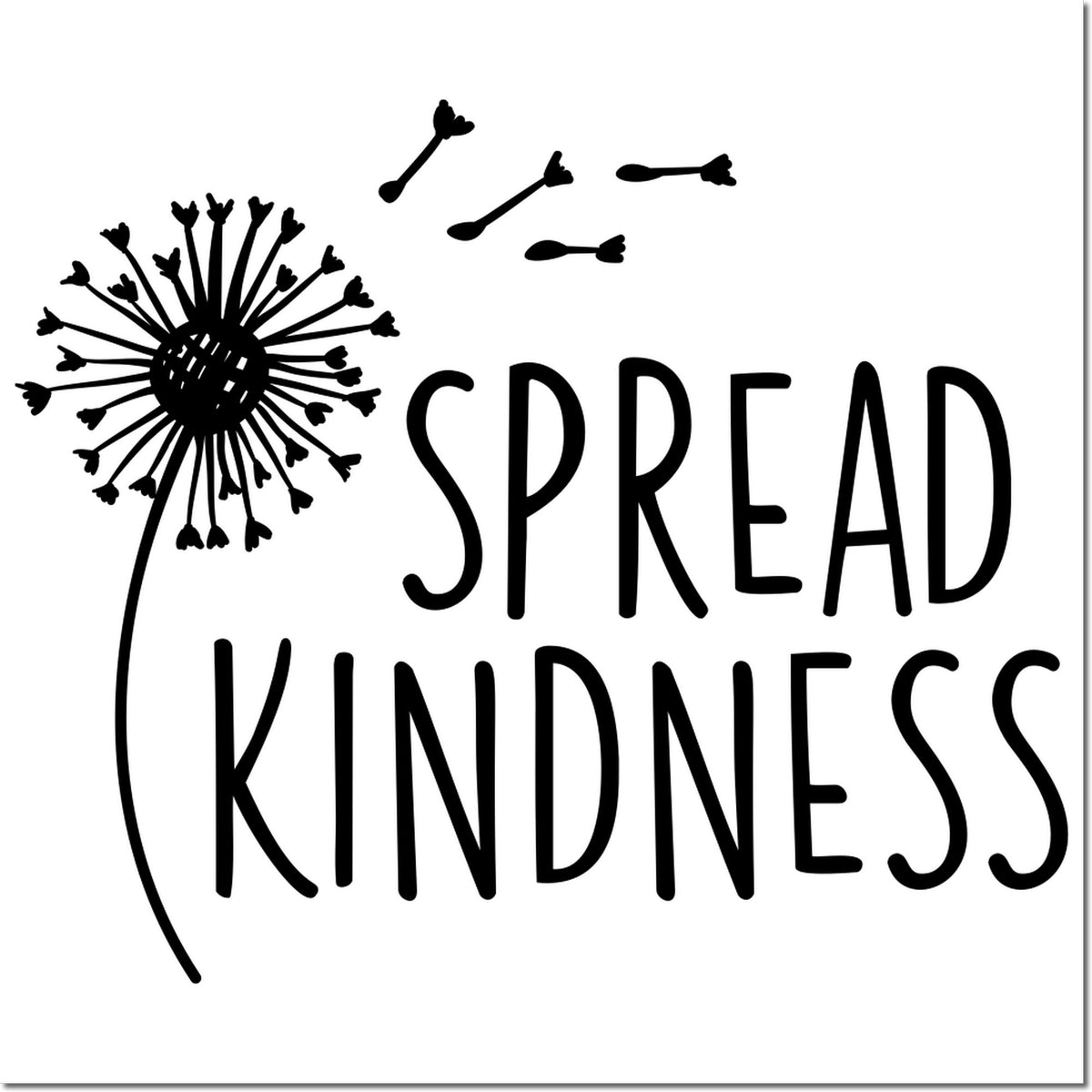 Spread Kindness dandelion rubber stamp design with flying seeds, inspirational quote for card making and craft projects.