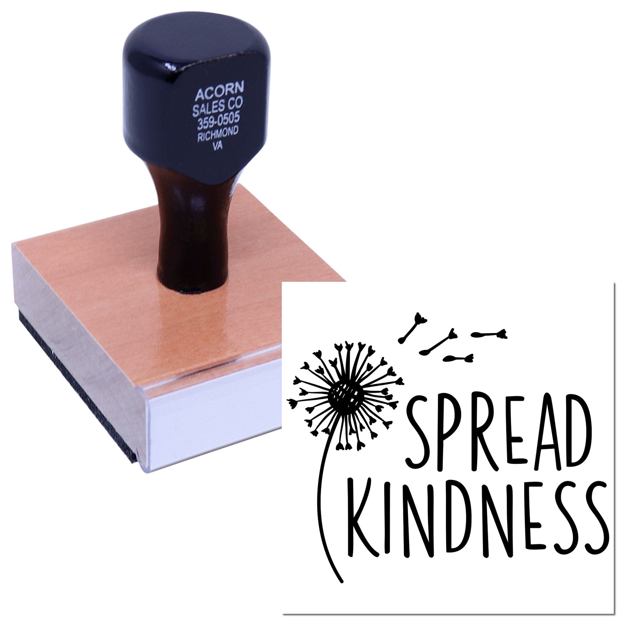 Custom rubber stamp with Spread Kindness dandelion design, ideal for cards, crafts, and gift packaging.
