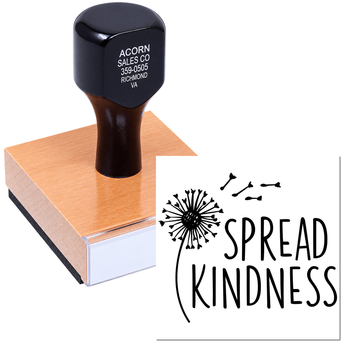 Custom rubber stamp with Spread Kindness dandelion design, ideal for cards, crafts, and gift packaging.