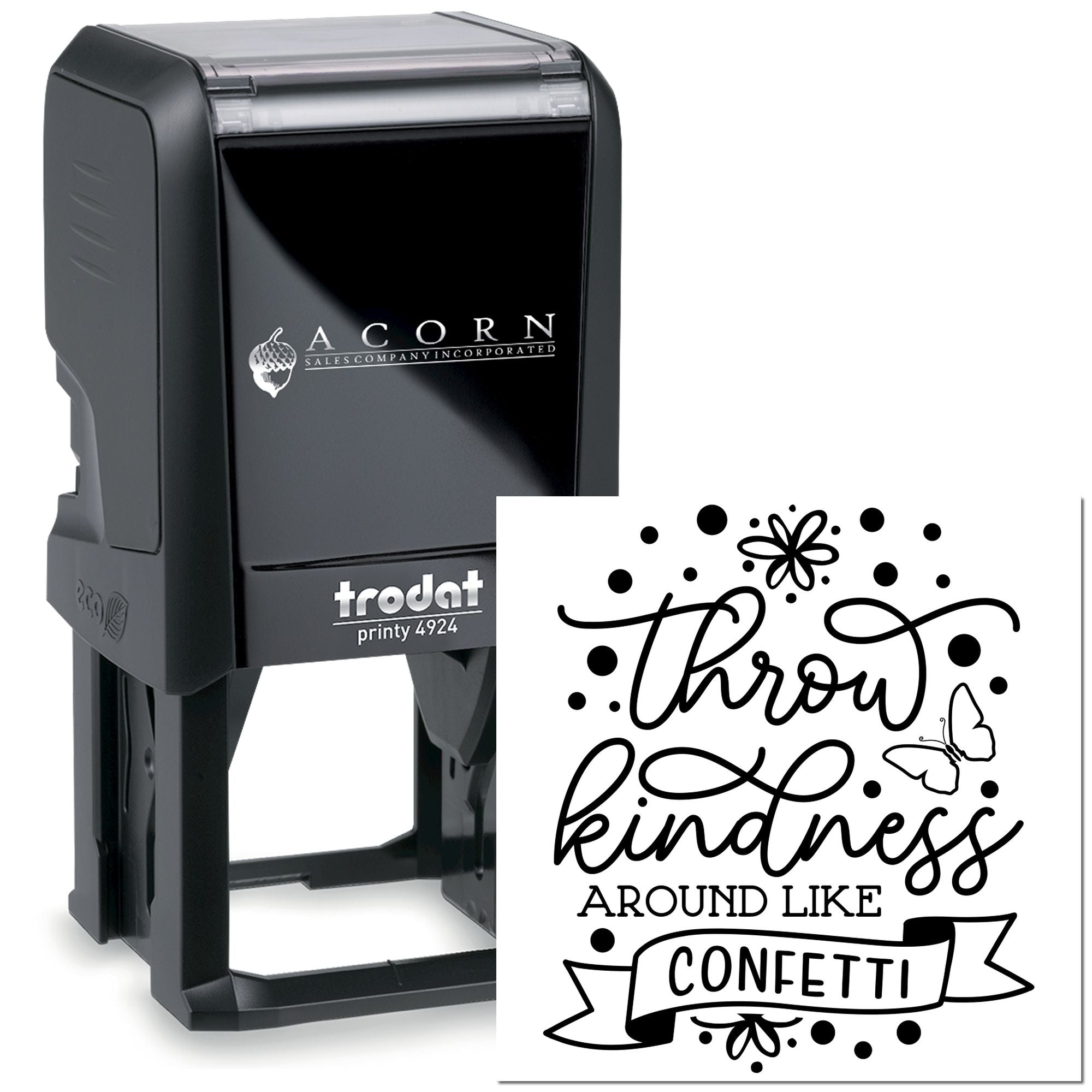 Custom self-inking rubber stamp with Throw kindness around like confetti design for crafts, packaging, and small business branding.