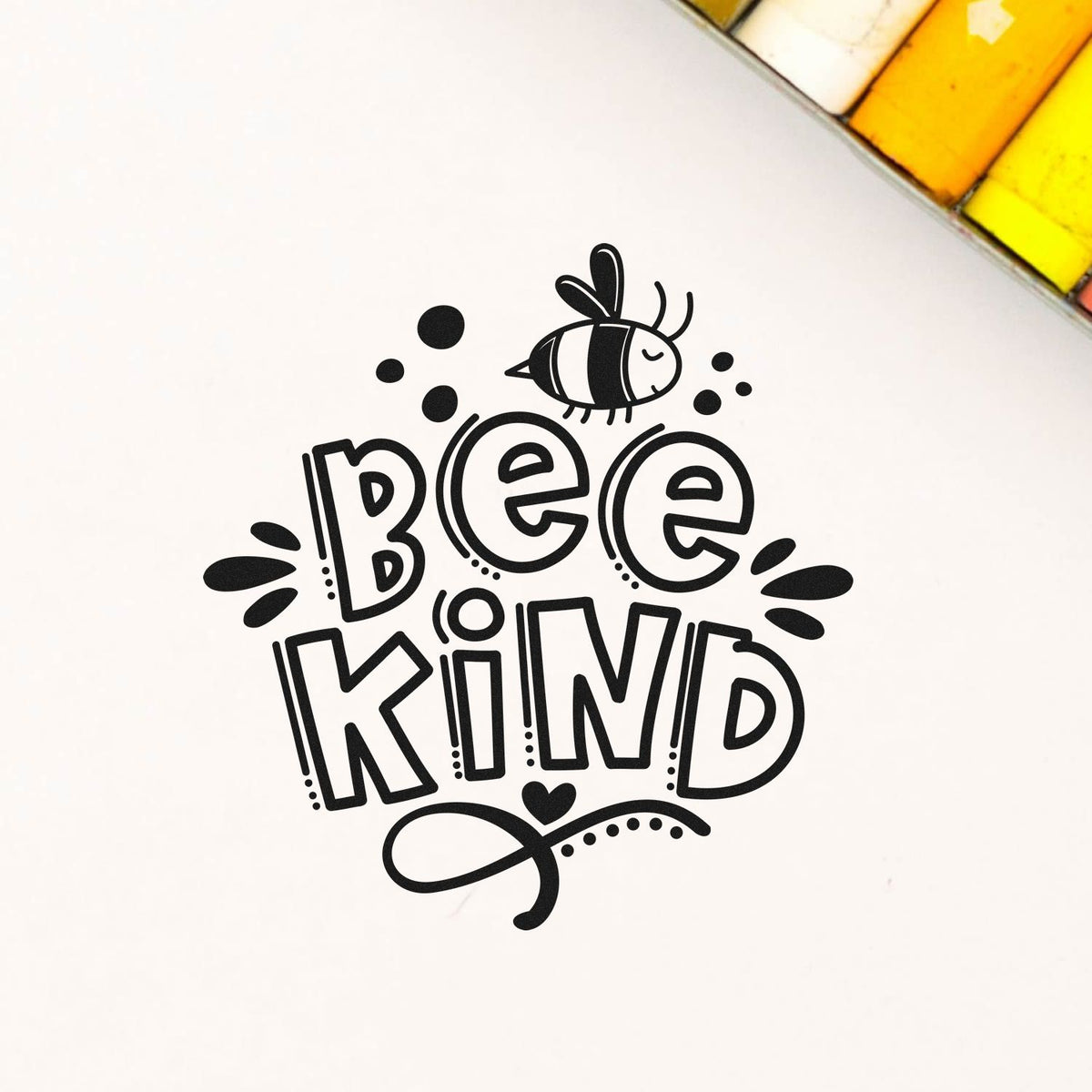 Bee Kind rubber stamp design with cute bee illustration, ideal for eco-friendly crafts, kids projects, and handmade packaging.