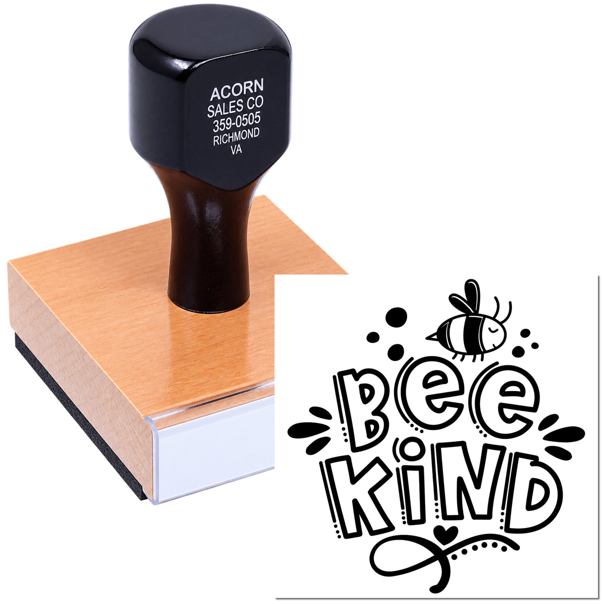 Custom Bee Kind rubber stamp with bee design, perfect for crafts, packaging, and handmade product labels.