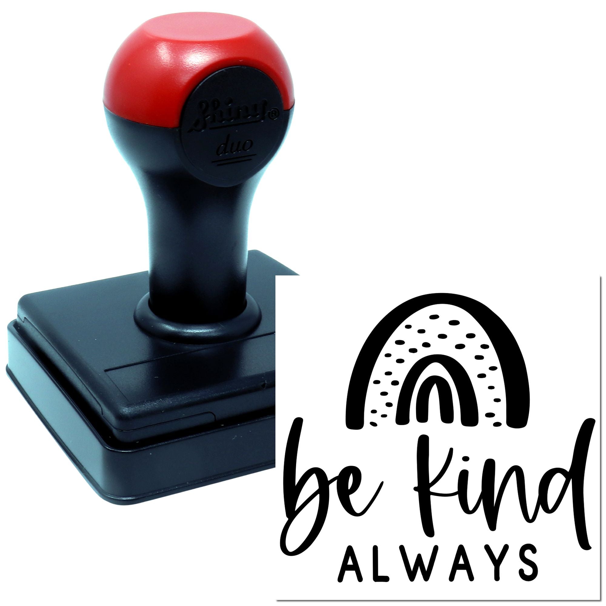 Custom self-inking rubber stamp with be kind always rainbow design for crafts, packaging, and uplifting branding.