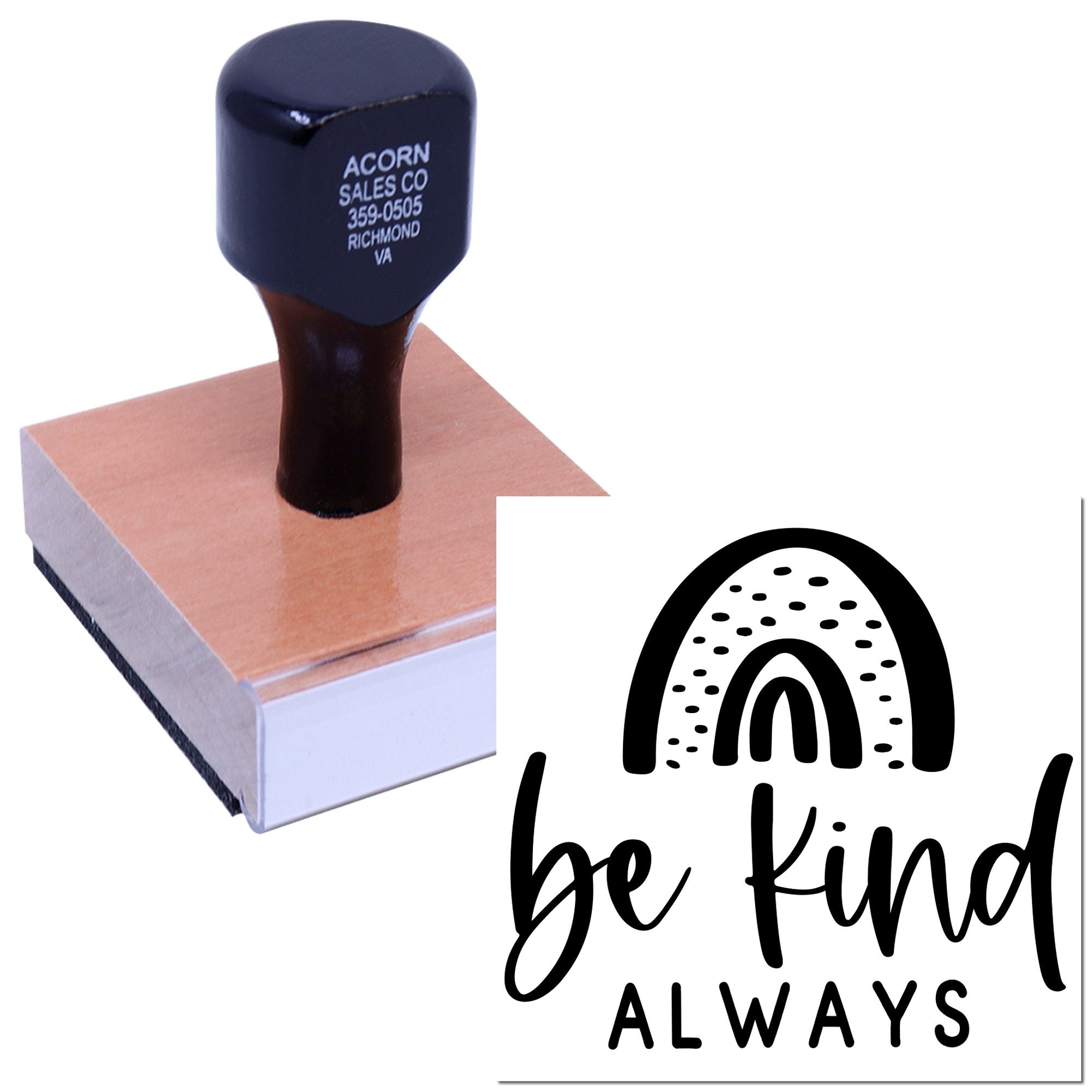 Custom rubber stamp with Be Kind Always rainbow logo, shown on a wood base for crafting, packaging, and branding.