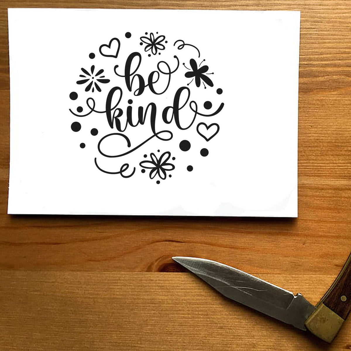 Decorative Be Kind rubber stamp design with floral hearts, perfect for handmade cards, journaling, and craft projects.
