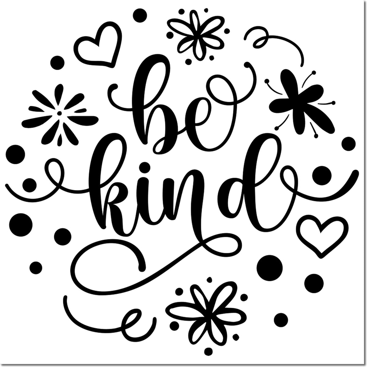 Be Kind decorative rubber stamp design with hearts, flowers, and dots for cards, crafts, and handmade gifts.