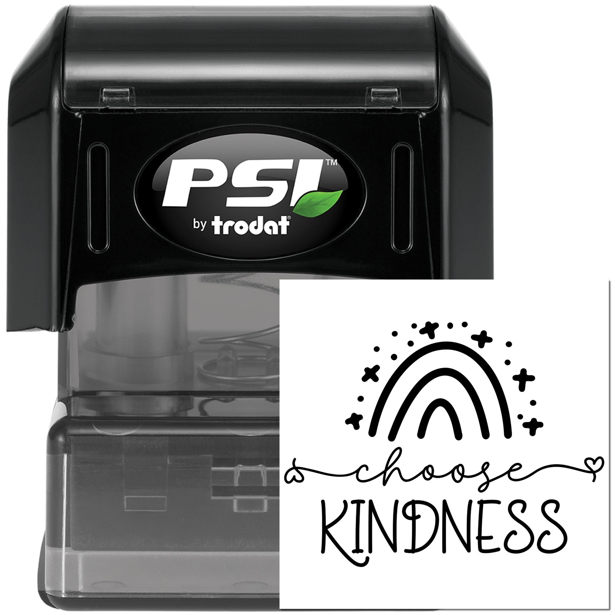 Black PSI by Trodat self-inking rubber stamp with custom choose kindness rainbow design for personalized stamping.