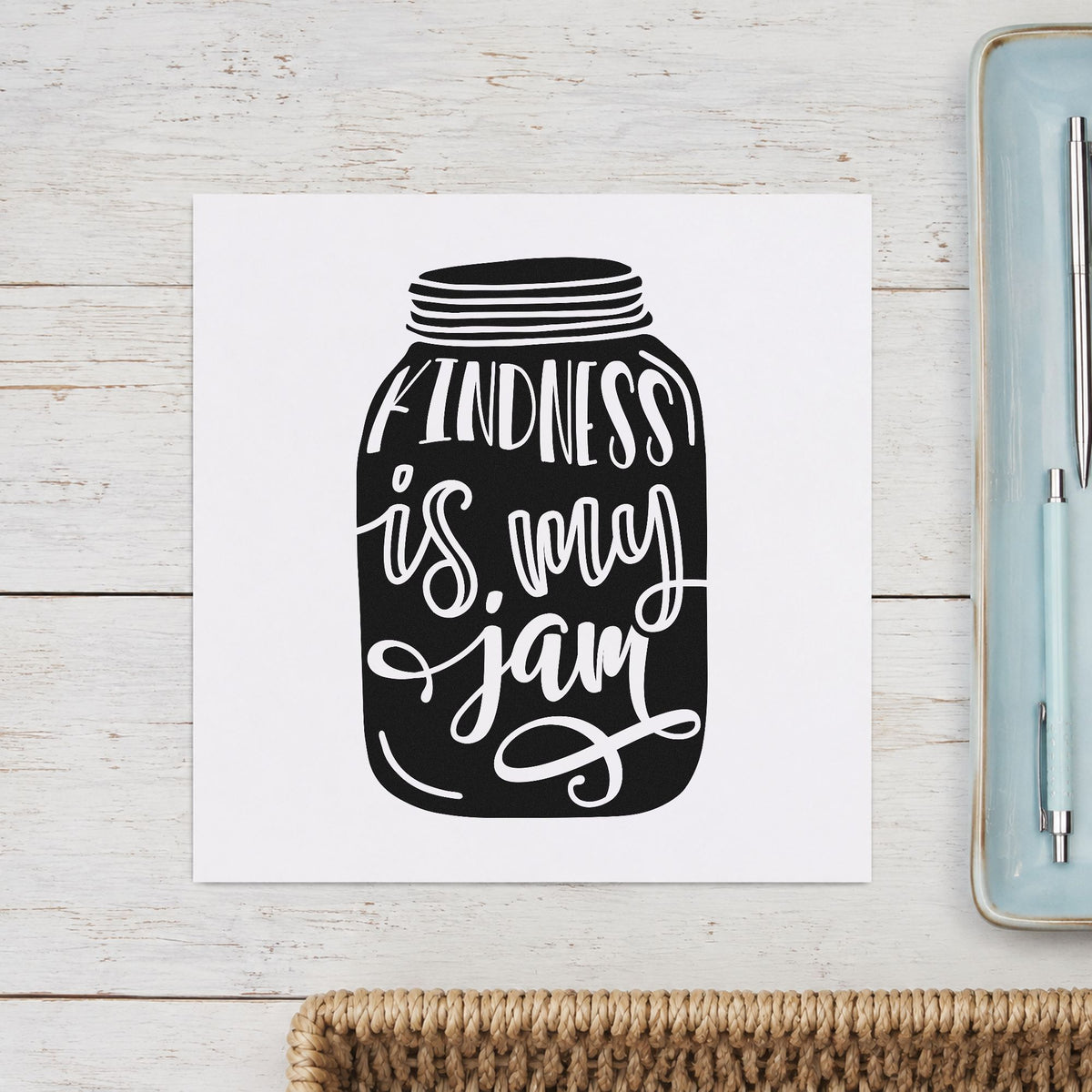 Kindness Is My Jam Jar craft stamp imprint in black ink on a handmade project, one idea being songbook gift tags.