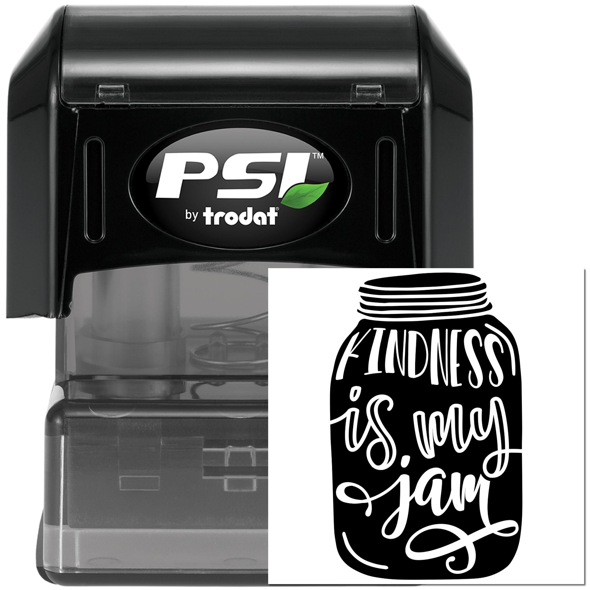Custom self-inking rubber stamp by PSI Trodat with Kindness Is My Jam mason jar design for personalized crafting.