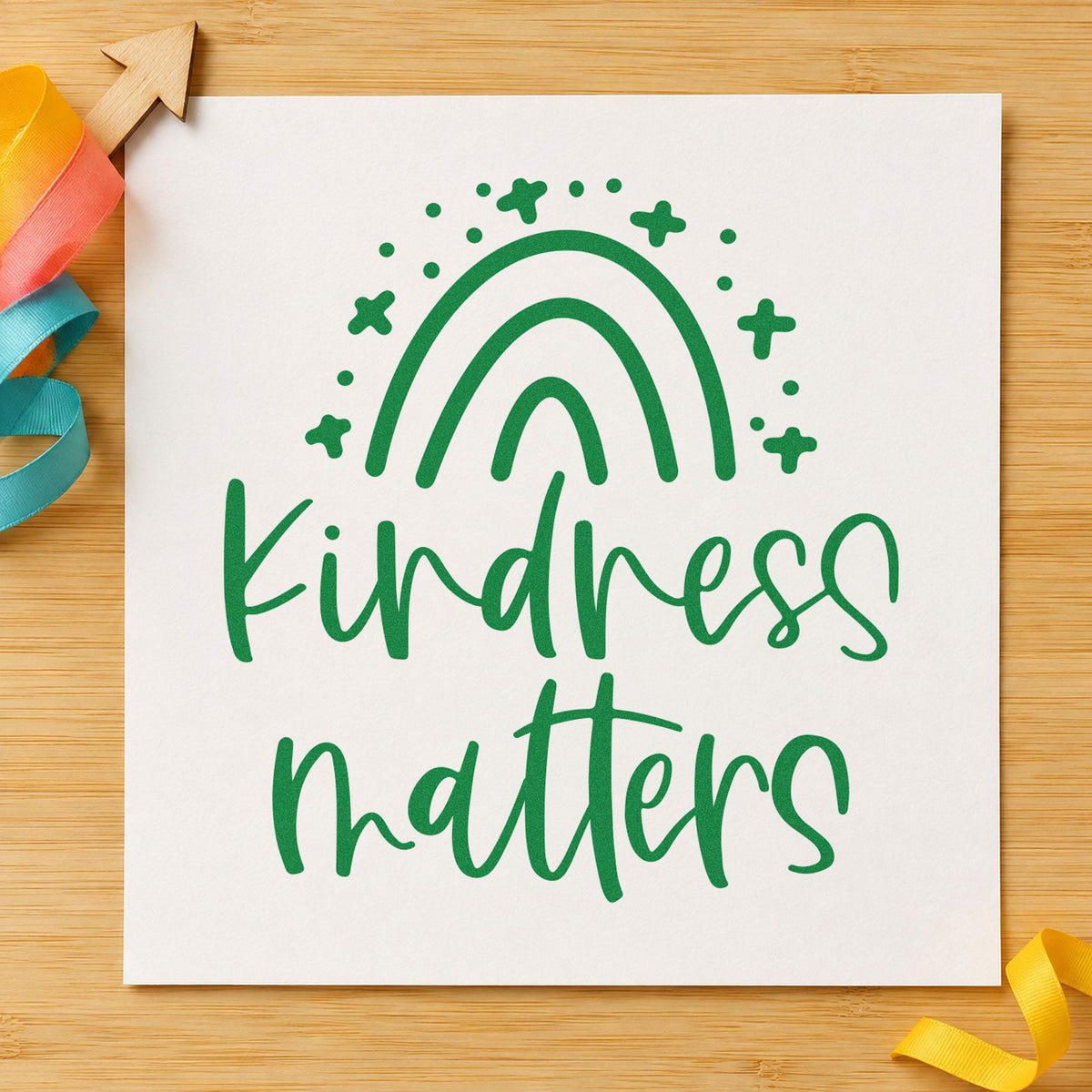 Kindness Matters Starry Rainbow craft stamp in green ink on cardstock, an easy option for sideline album page.