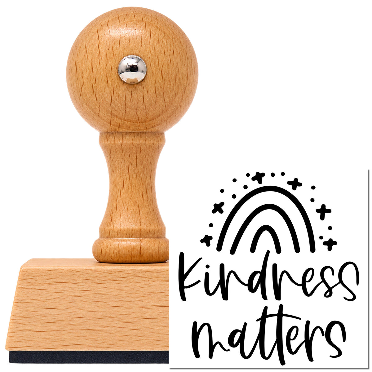 Kindness Matters Starry Rainbow Vintage Pro rubber stamp in European beech wood with a round knob handle, shown beside its black imprint.